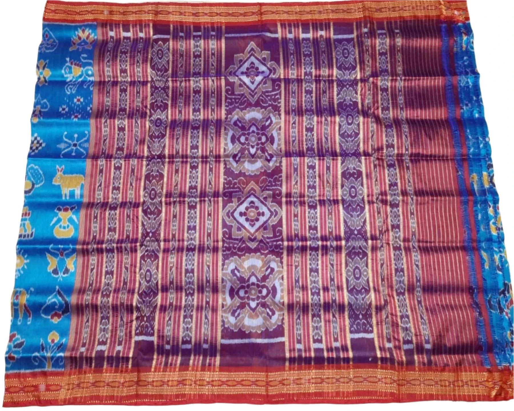 Cyan Blue Odisha Khandua Navarangi Ikat Silk Saree