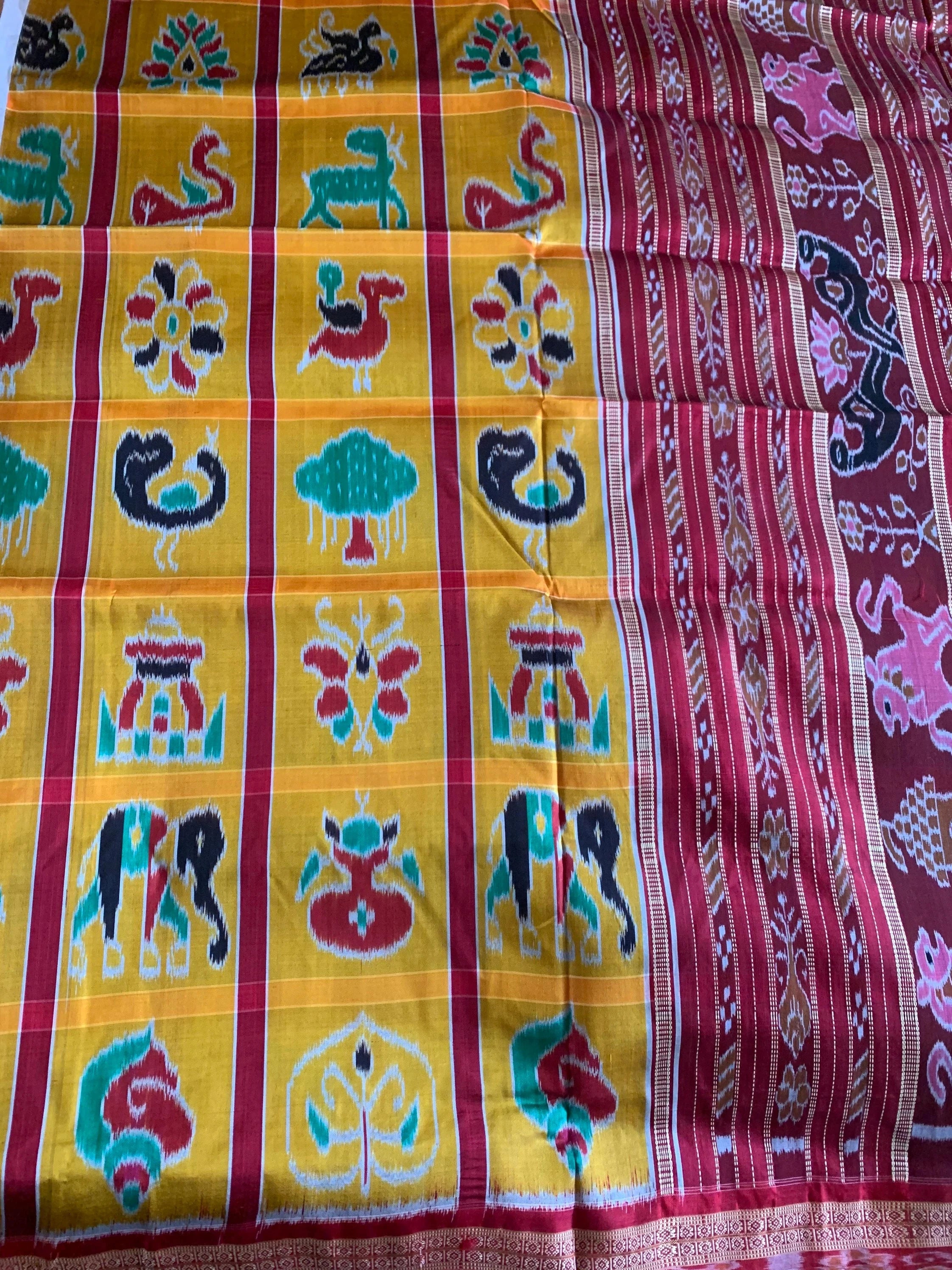 Turmeric Yellow Odisha Nabakothi Khandua Pata Ikat Silk Saree