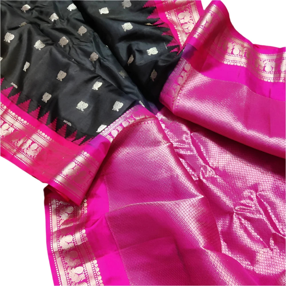 Cocktail Partywear Black and Pink Gadwal Silk Saree