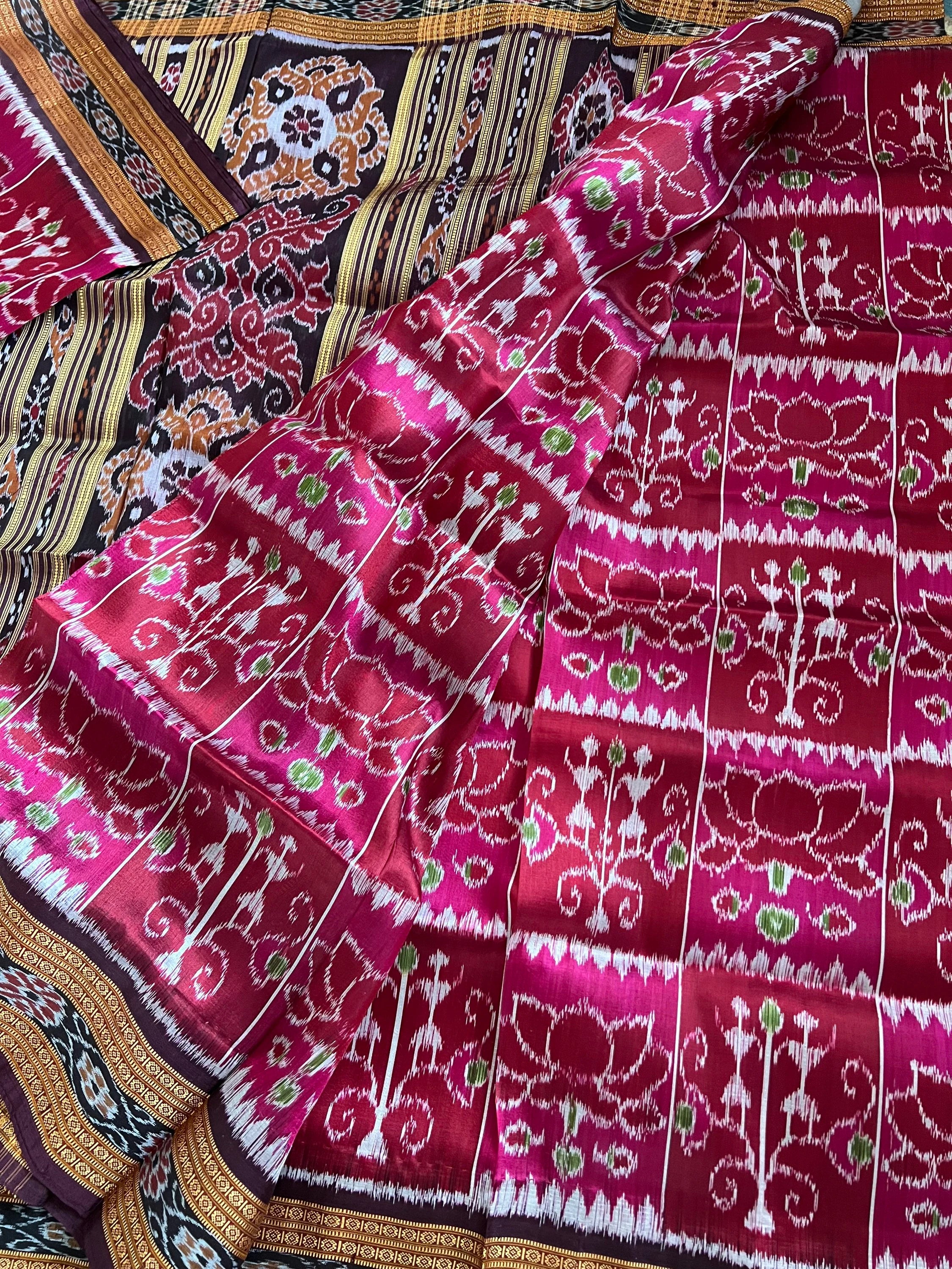Deep Magenta Pink Odisha Khandua Ikat Silk Saree