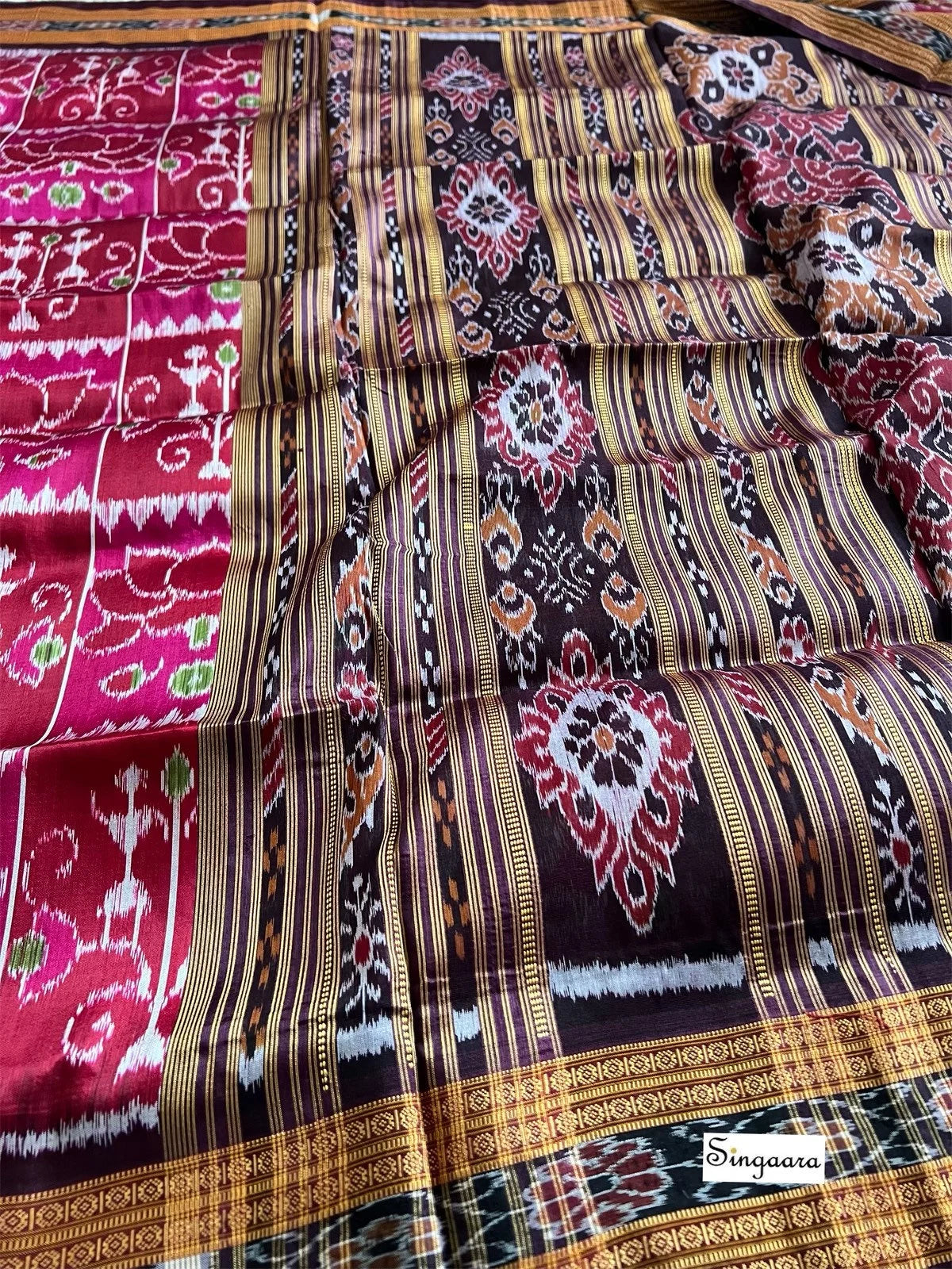Deep Magenta Pink Odisha Khandua Ikat Silk Saree