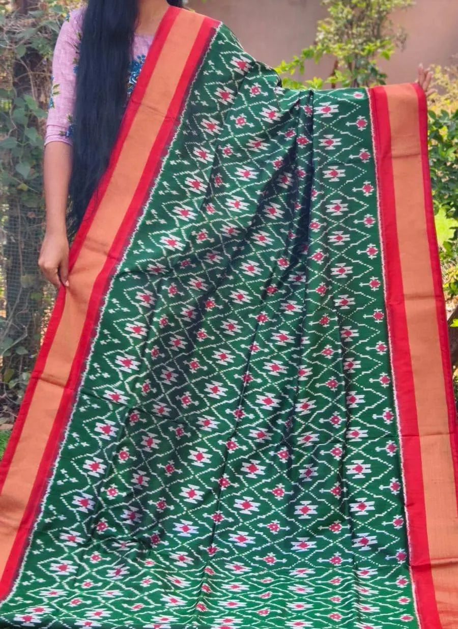 Emerald Green and Red Pochampally Ikat Silk Saree