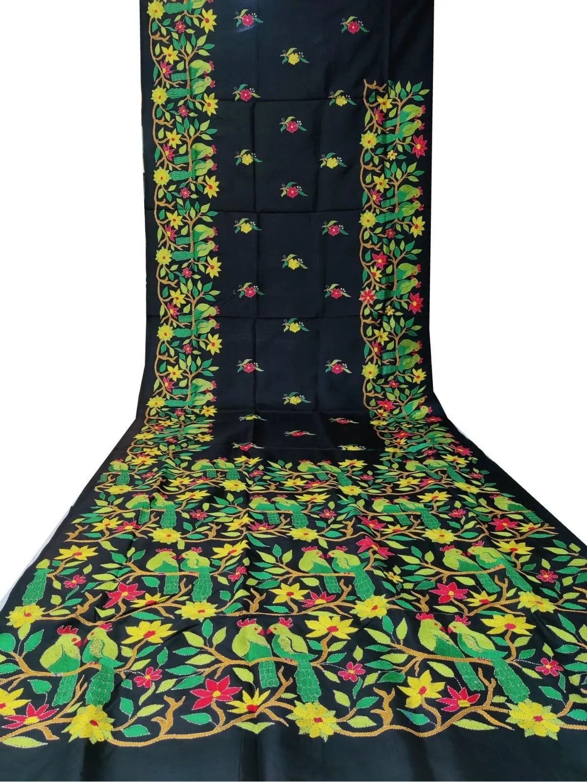 Cocktail Party Black Kantha Hand Embroidery Silk Saree