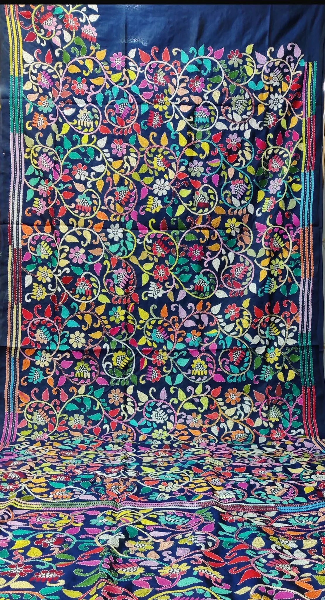 Midnight Blue Kantha Hand Embroidery Silk Saree