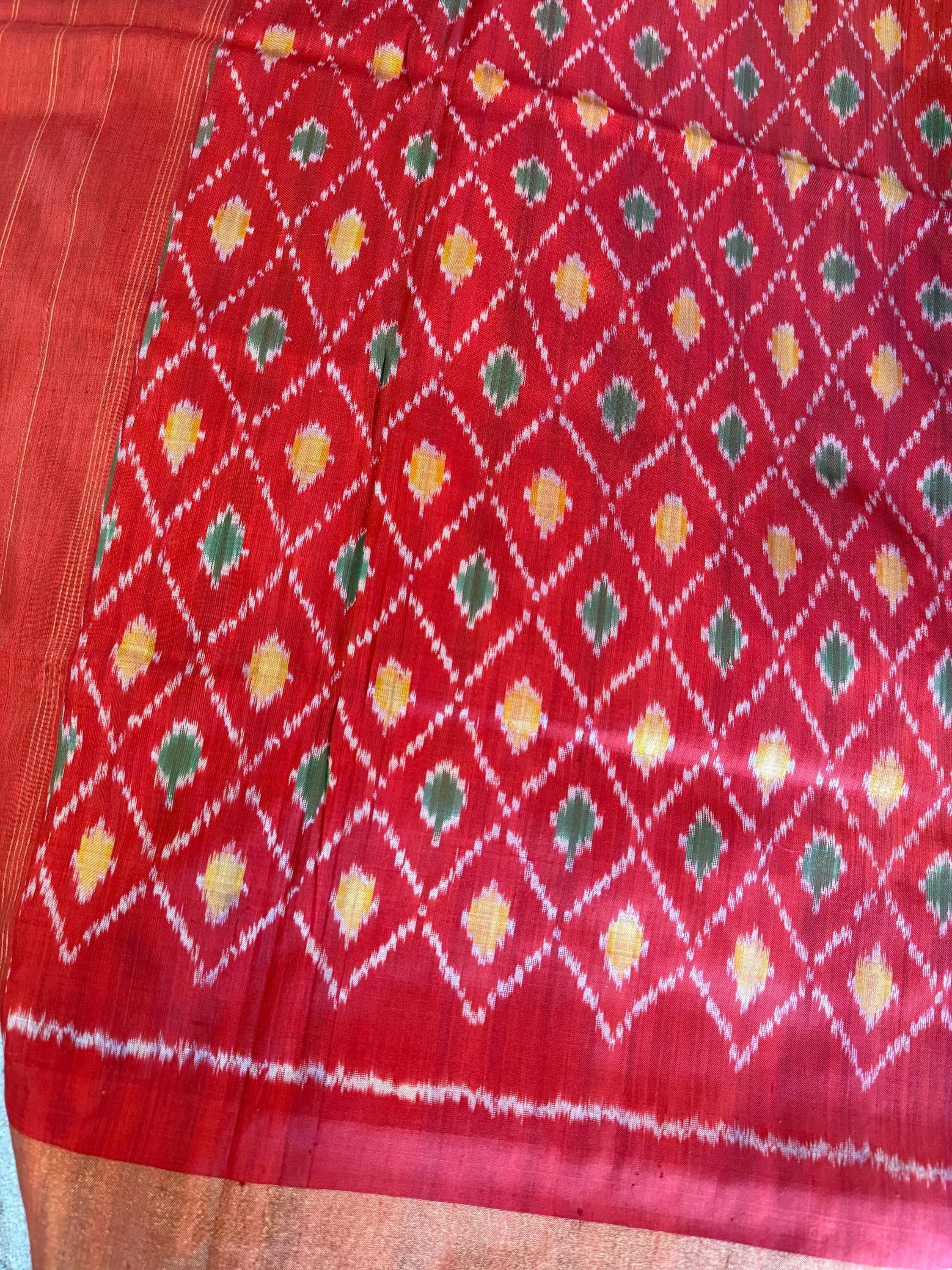 Emerald Green and Red Pochampally Ikat Silk Saree