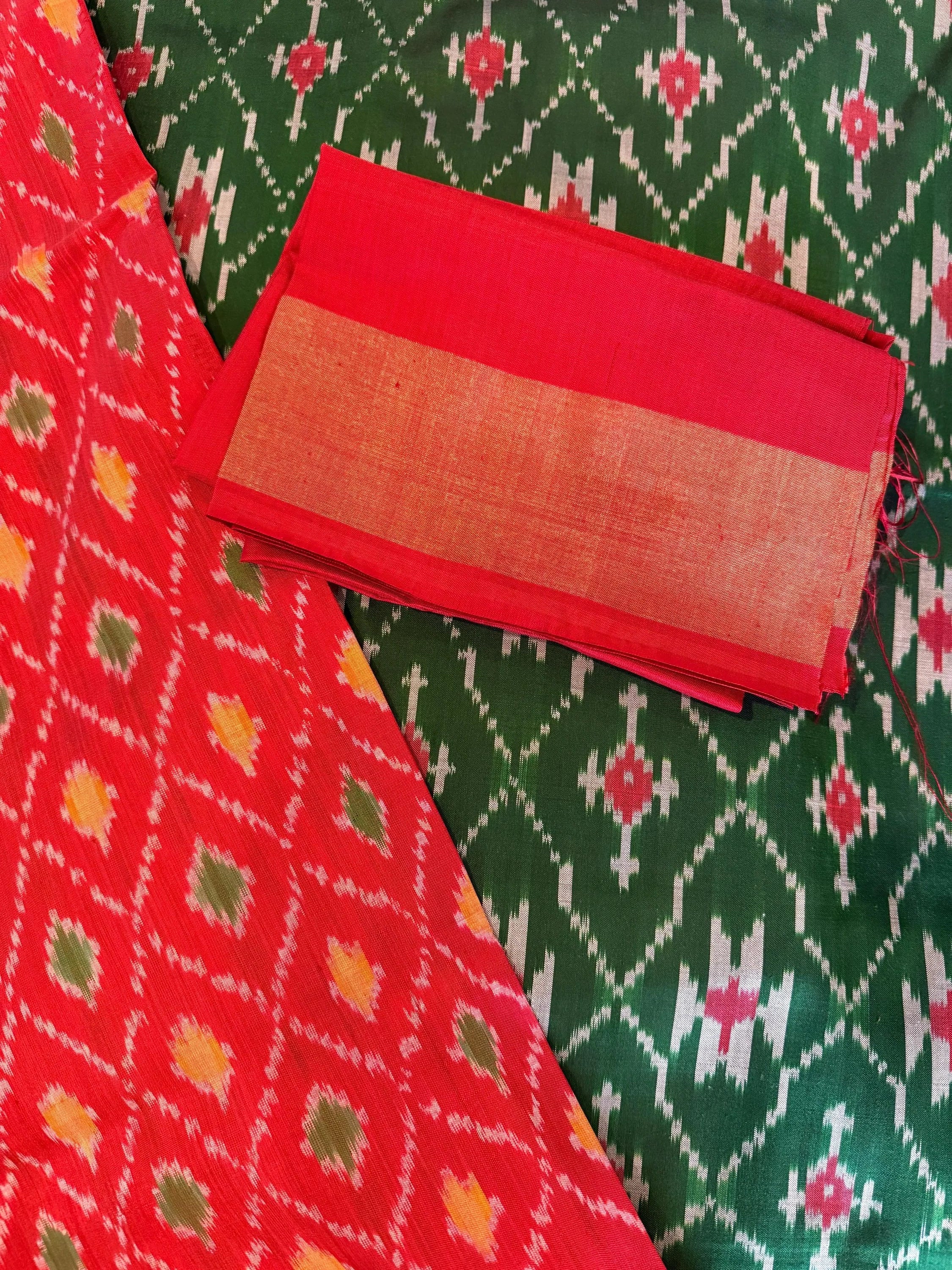 Emerald Green and Red Pochampally Ikat Silk Saree