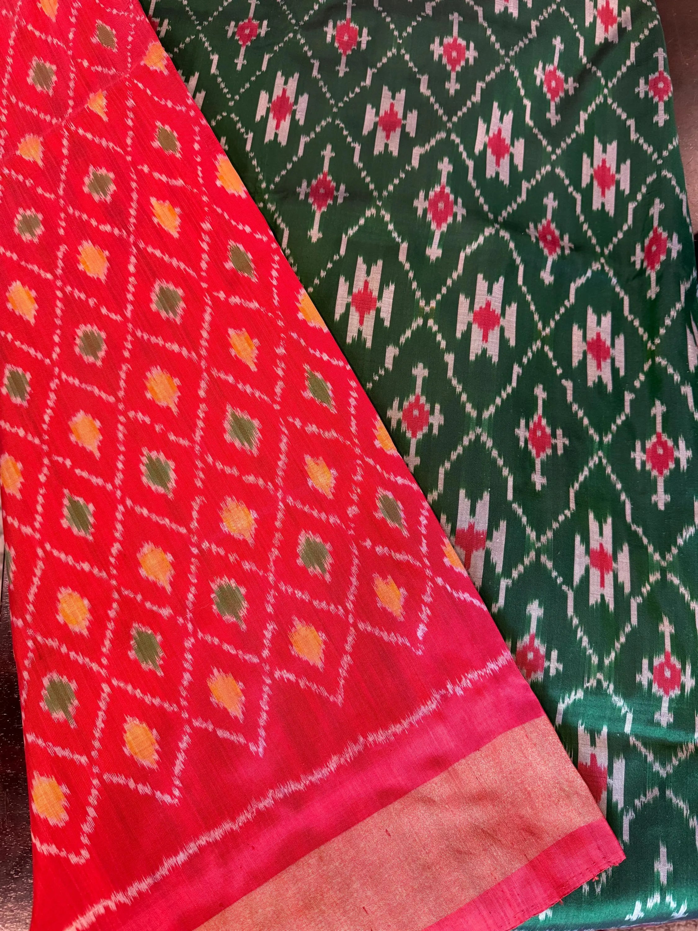 Emerald Green and Red Pochampally Ikat Silk Saree