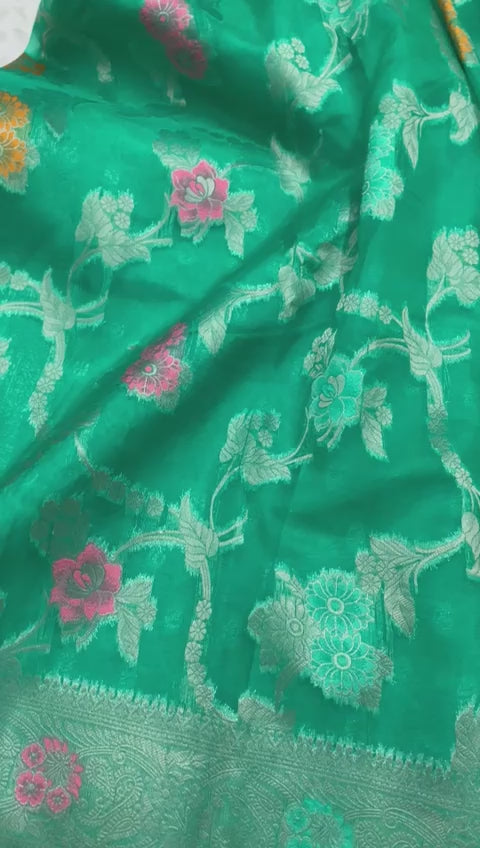 Parrot Green Floral Faux Organza Silk Saree