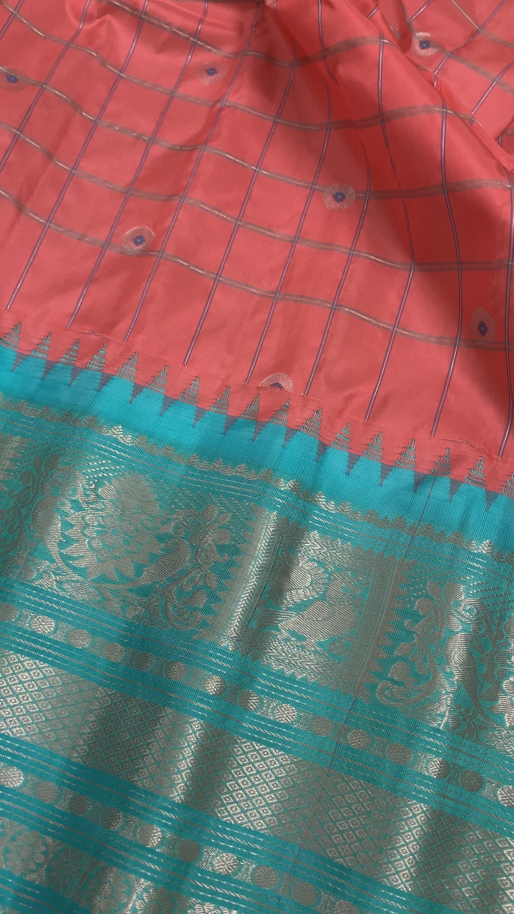 Peach and Cyan Gadwal Silk Saree with Silver Zari