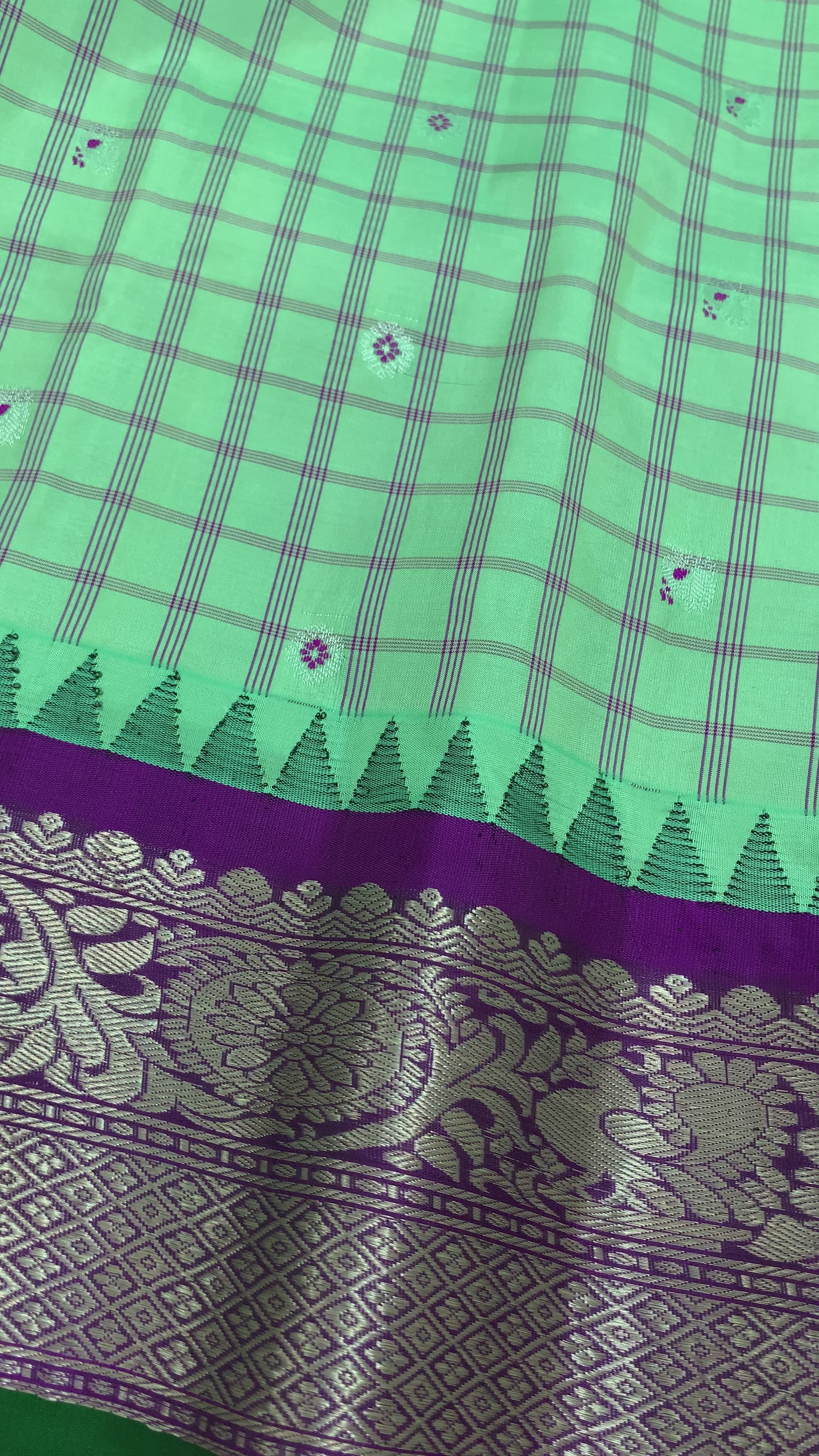 Mint Green Gadwal Silk Saree with Silver Zari
