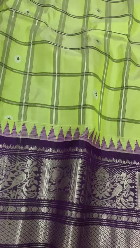 Lime Green and Purple Gadwal Silk Saree