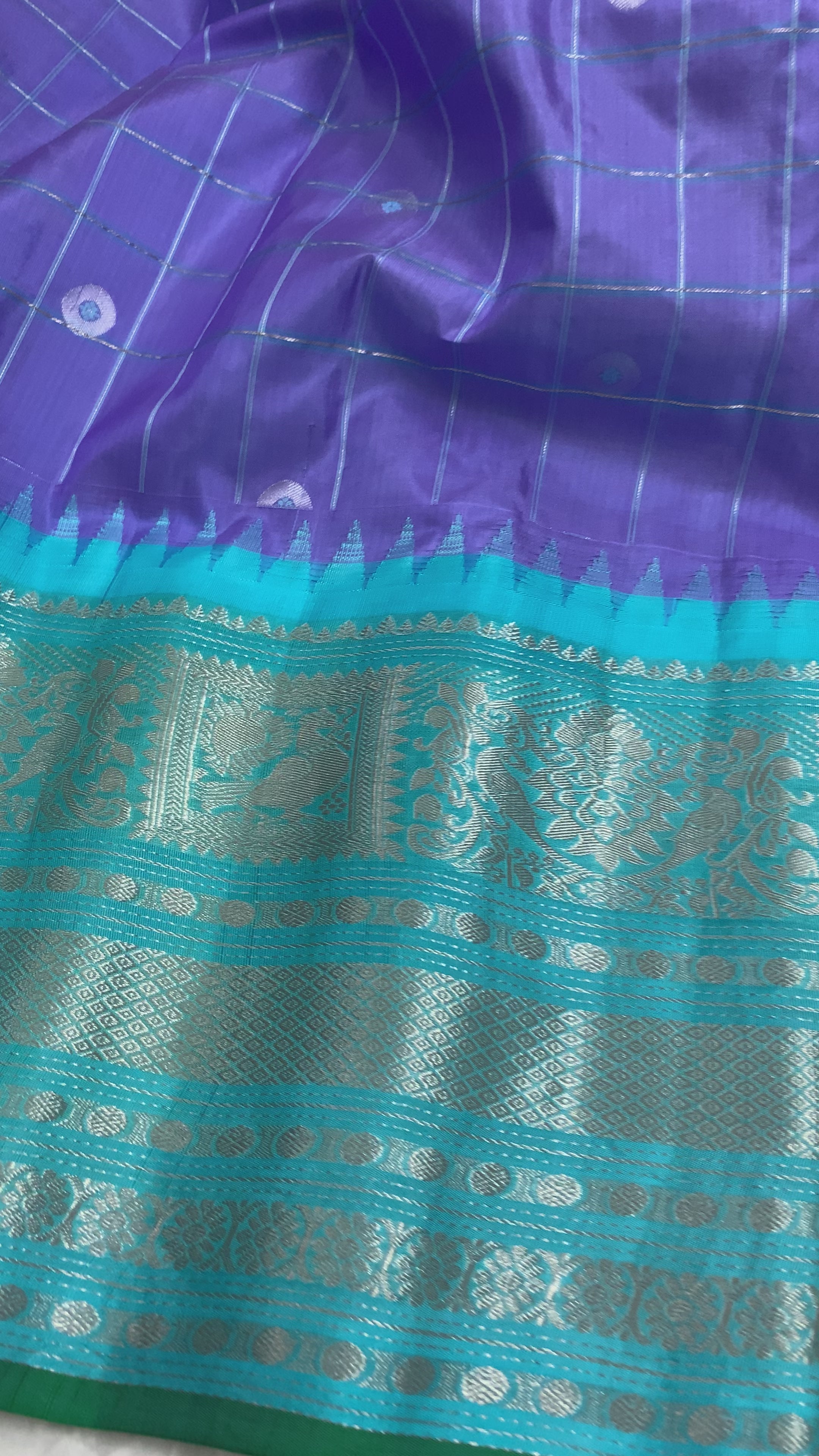 Lavender and Cyan Gadwal Silk Saree with Silver Zari