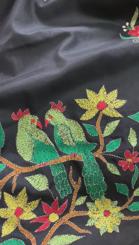 Cocktail Party Black Kantha Hand Embroidery Silk Saree