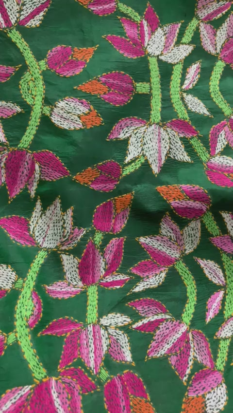 Emerald Green Kantha Hand Embroidery Silk Saree