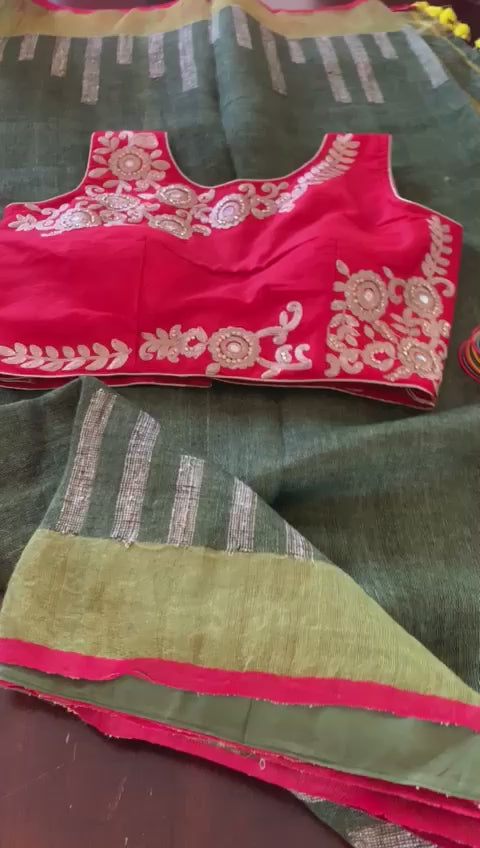 Olive Green Linen Saree with Kantha Embroidery