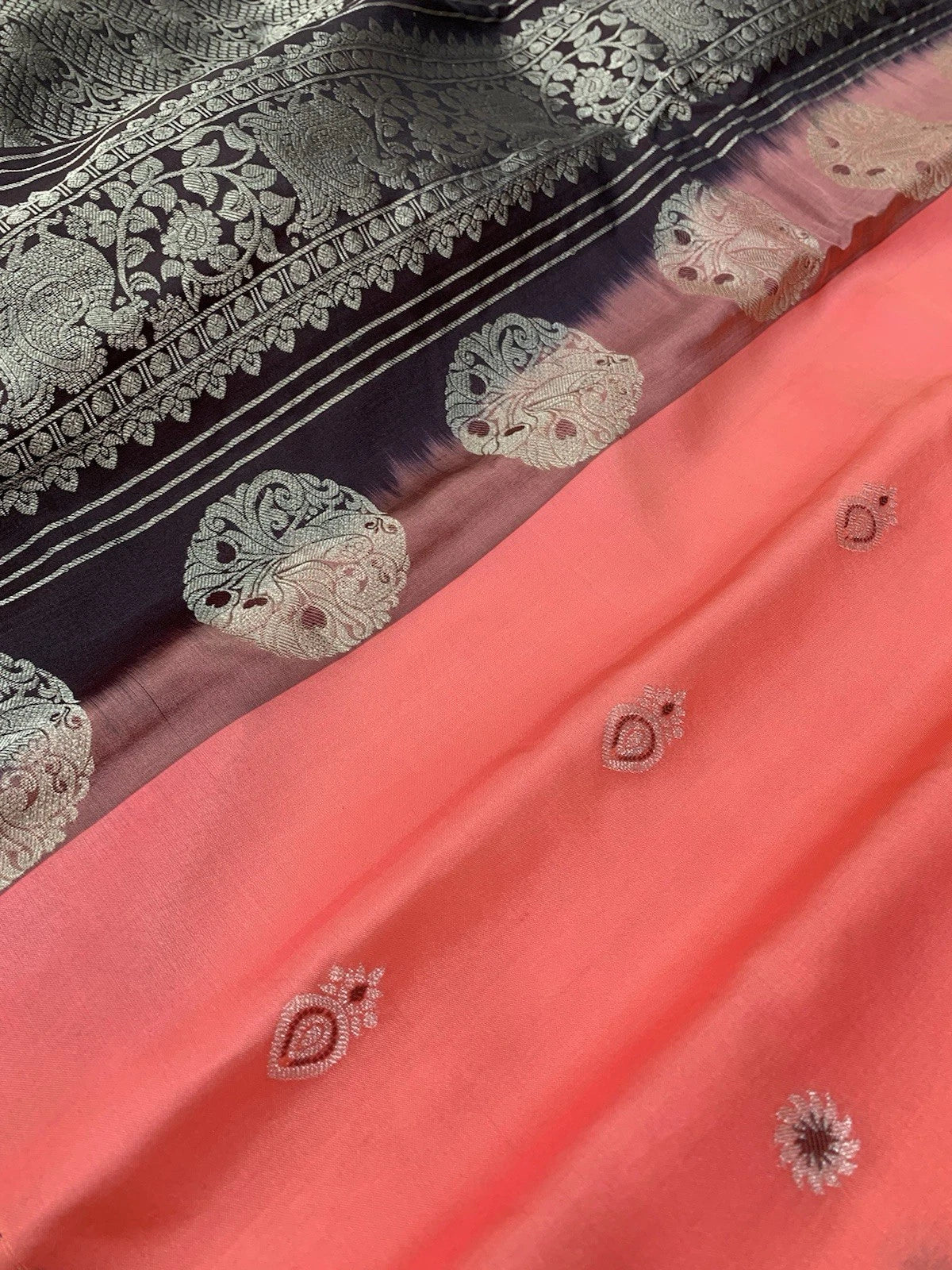 Peach Pink Gadwal Silk Saree with Silver Zari