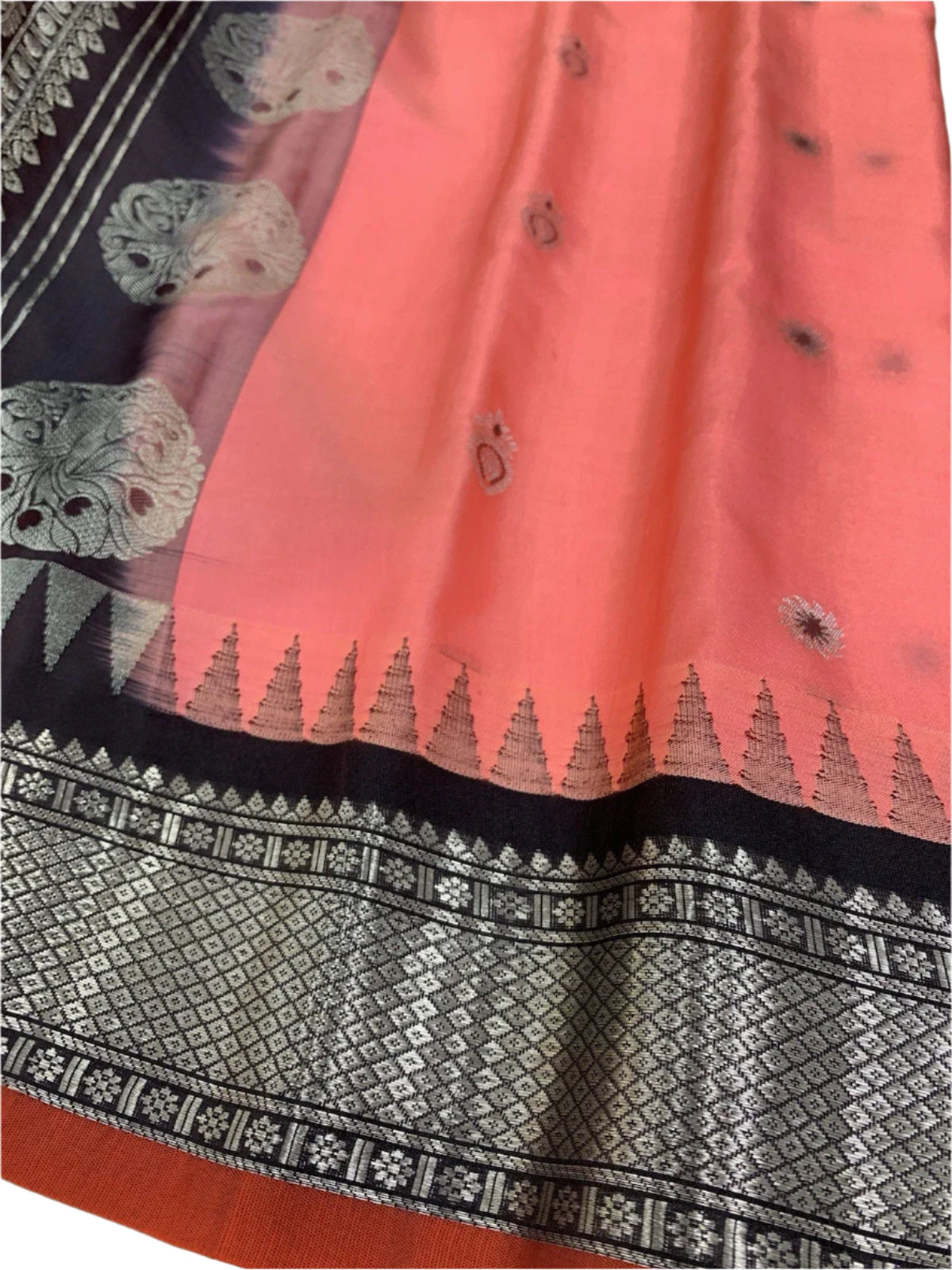 Peach Pink Gadwal Silk Saree with Silver Zari