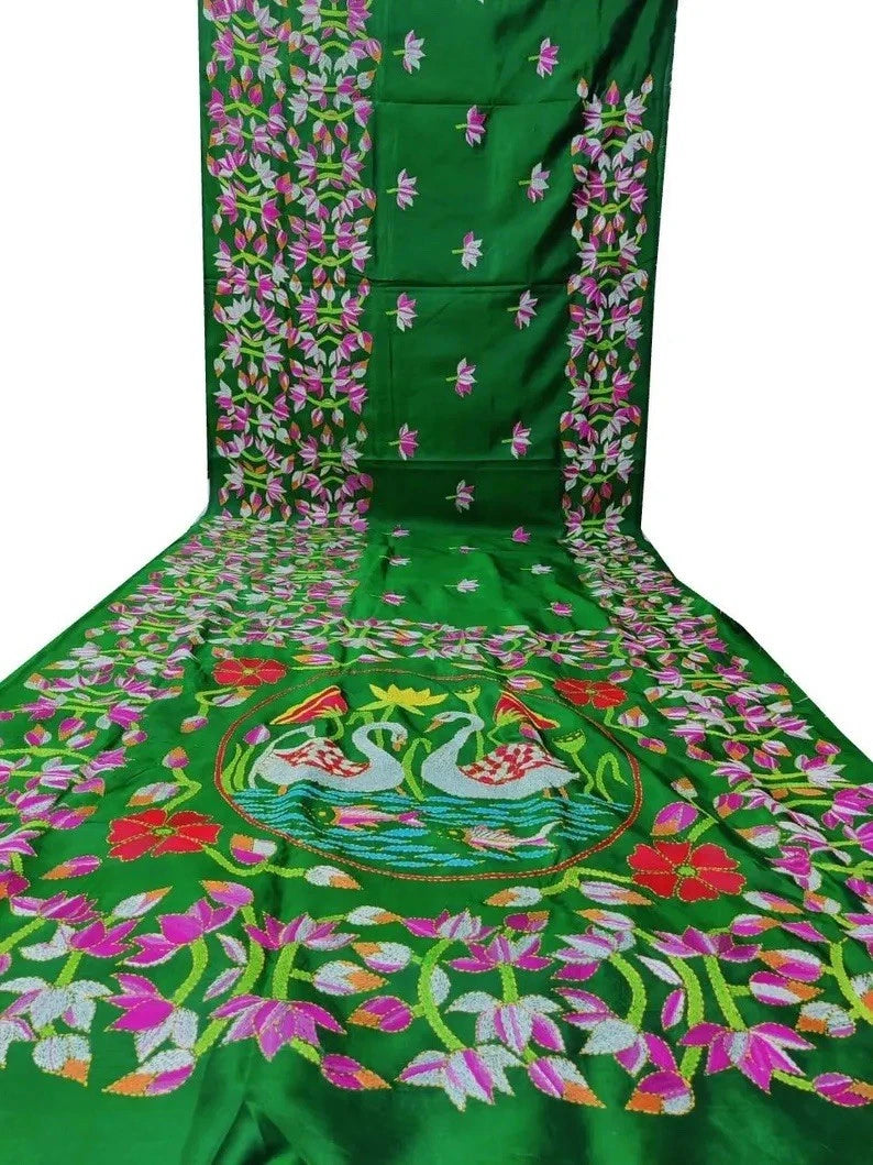 Emerald Green Kantha Hand Embroidery Silk Saree