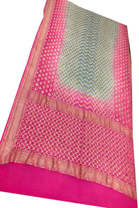 Pink and Grey Bandhani Silk Saree