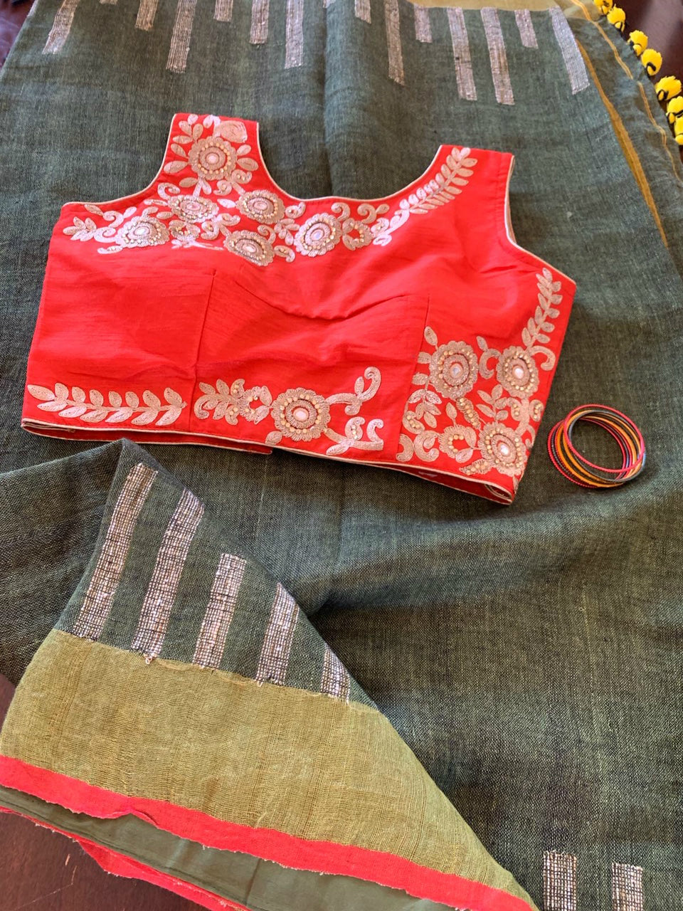 Olive Green Linen Saree with Kantha Embroidery