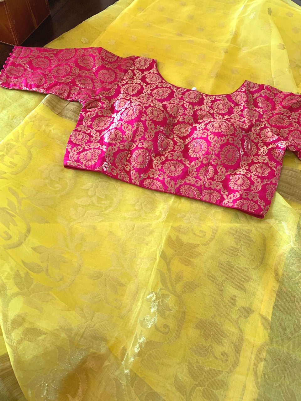 Lemon Yellow Organza Silk Saree