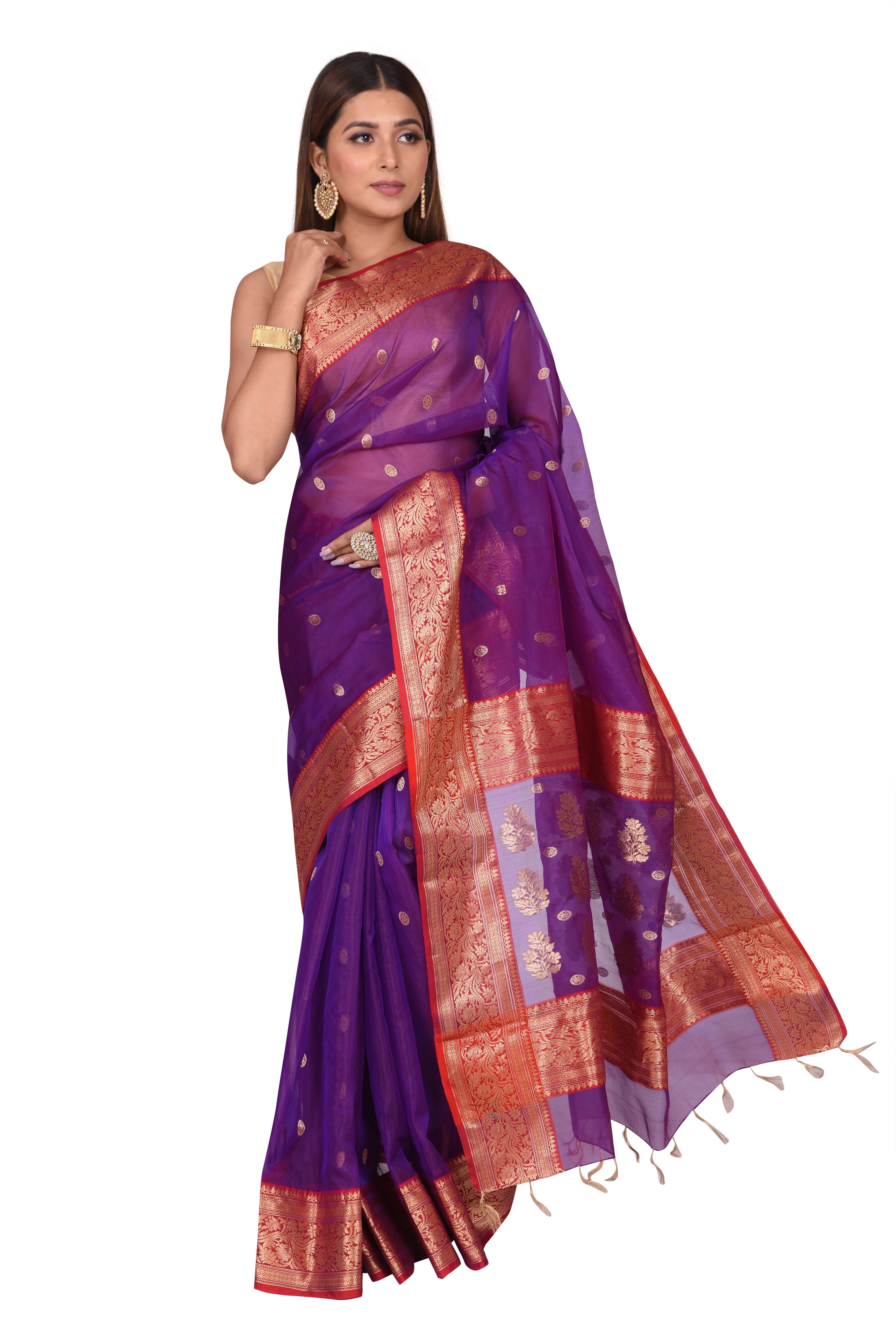 Purple and Red Banarasi Organza Silk Saree