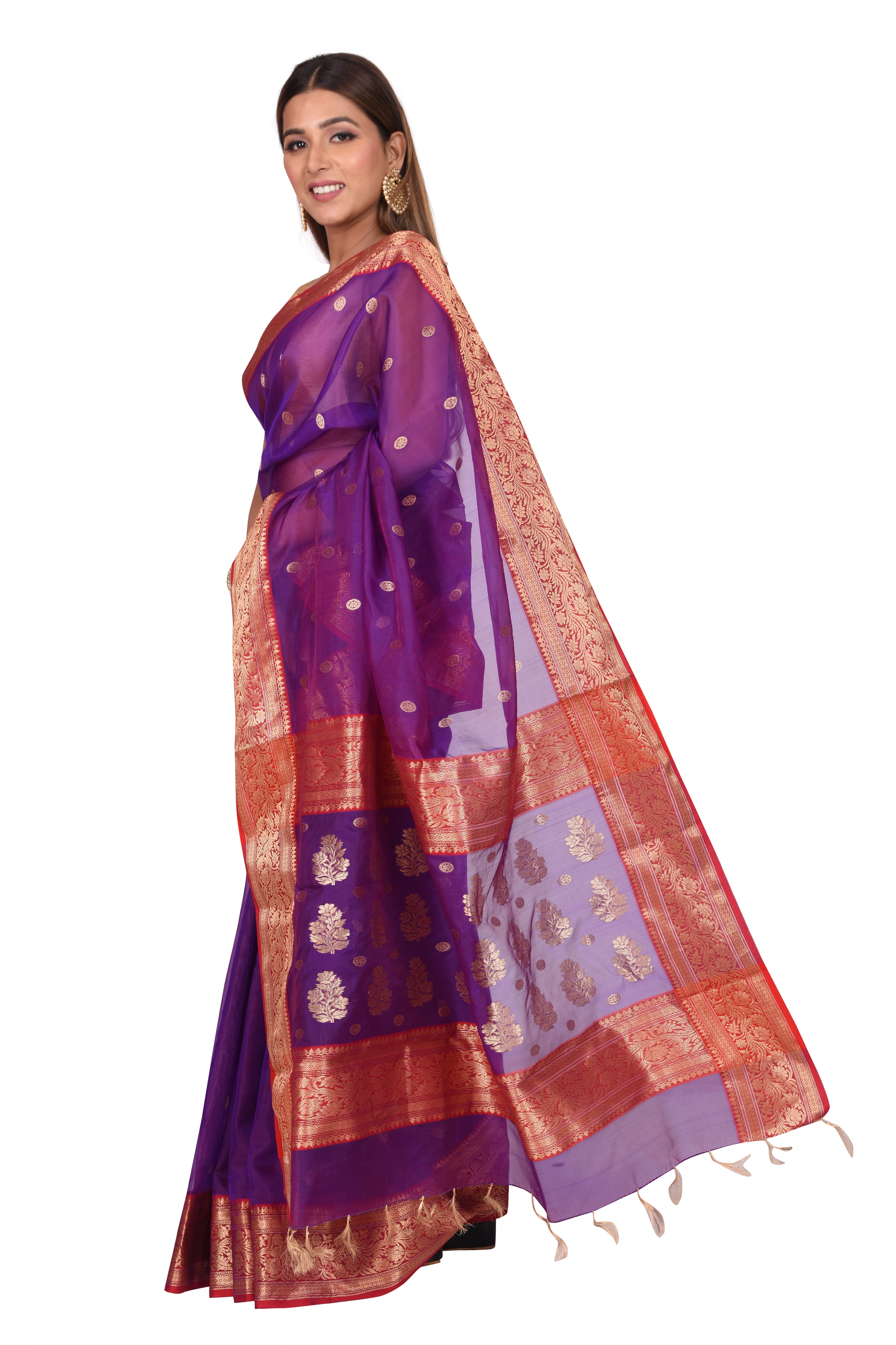 Purple and Red Banarasi Organza Silk Saree
