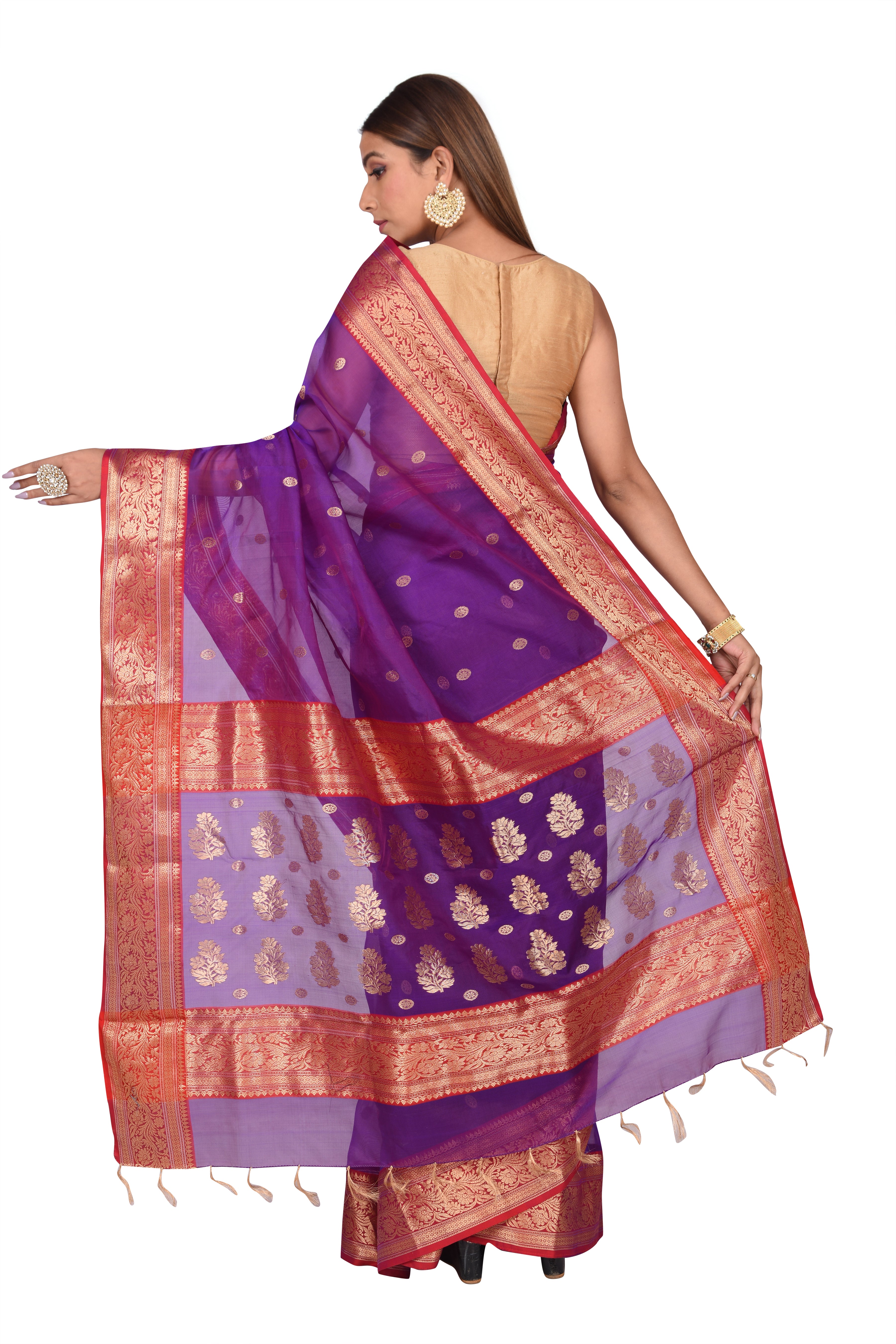Purple and Red Banarasi Organza Silk Saree