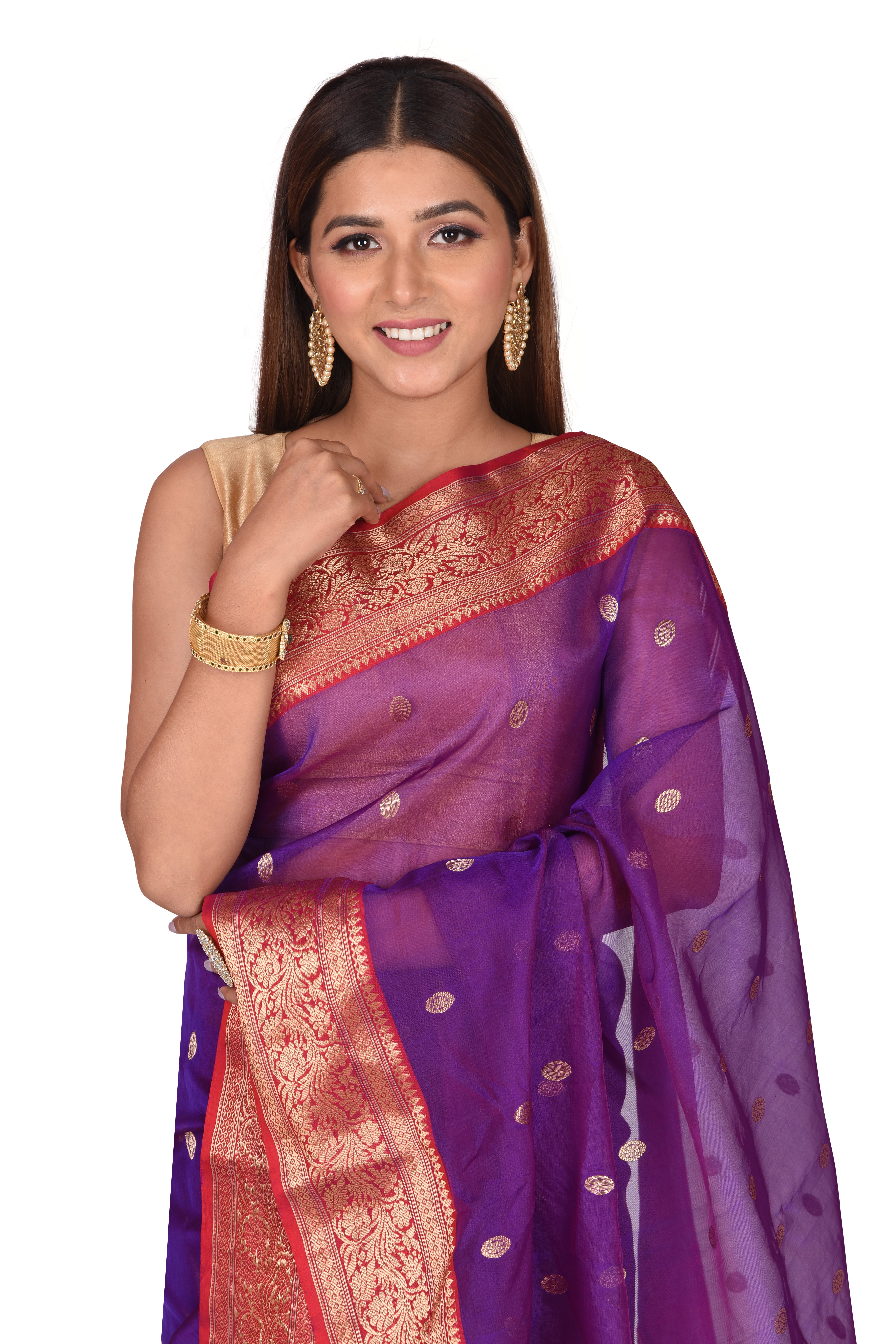 Purple and Red Banarasi Organza Silk Saree