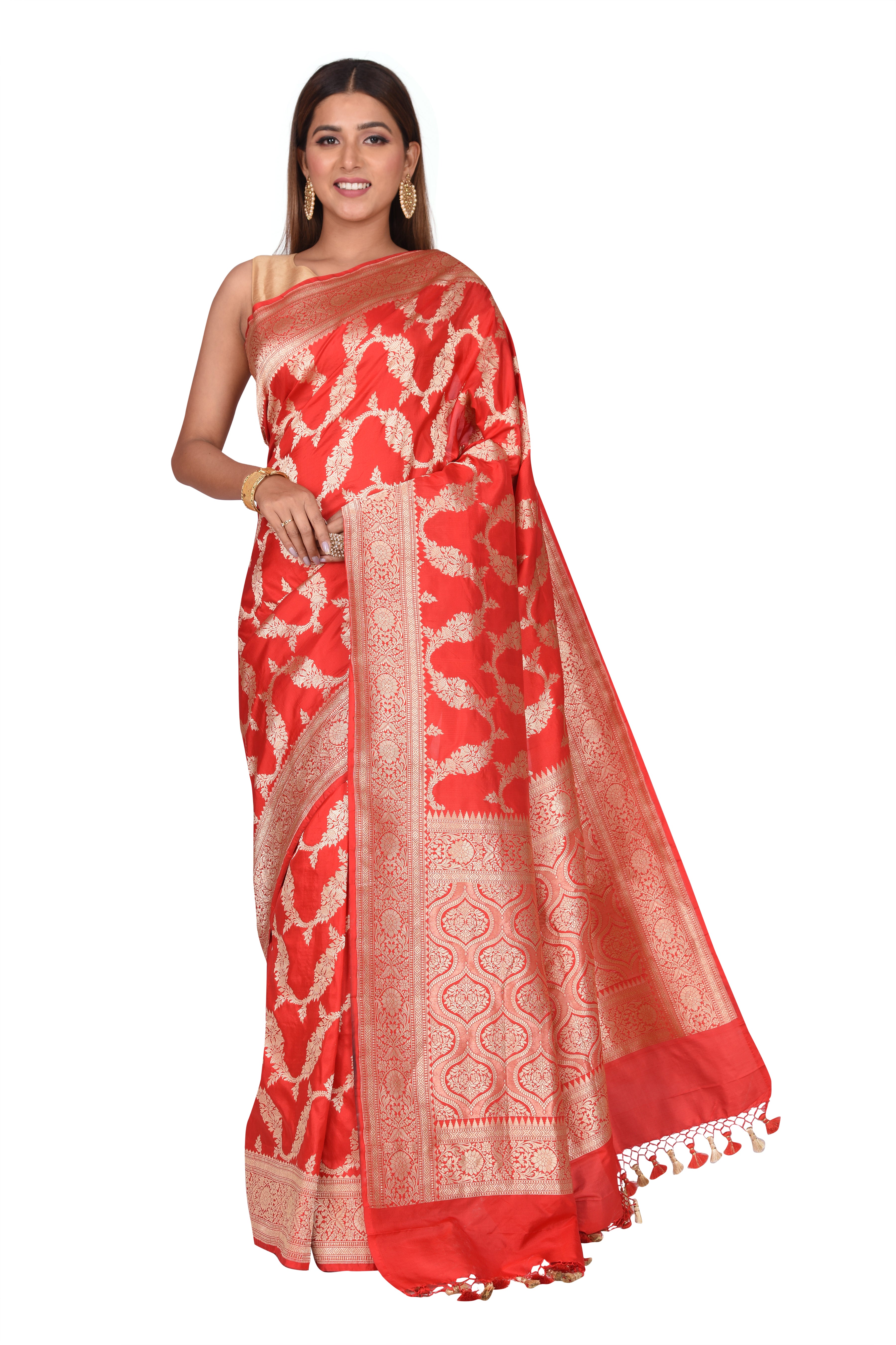 Bridal Floral Jaal Sindoor Red Banarasi Silk Saree