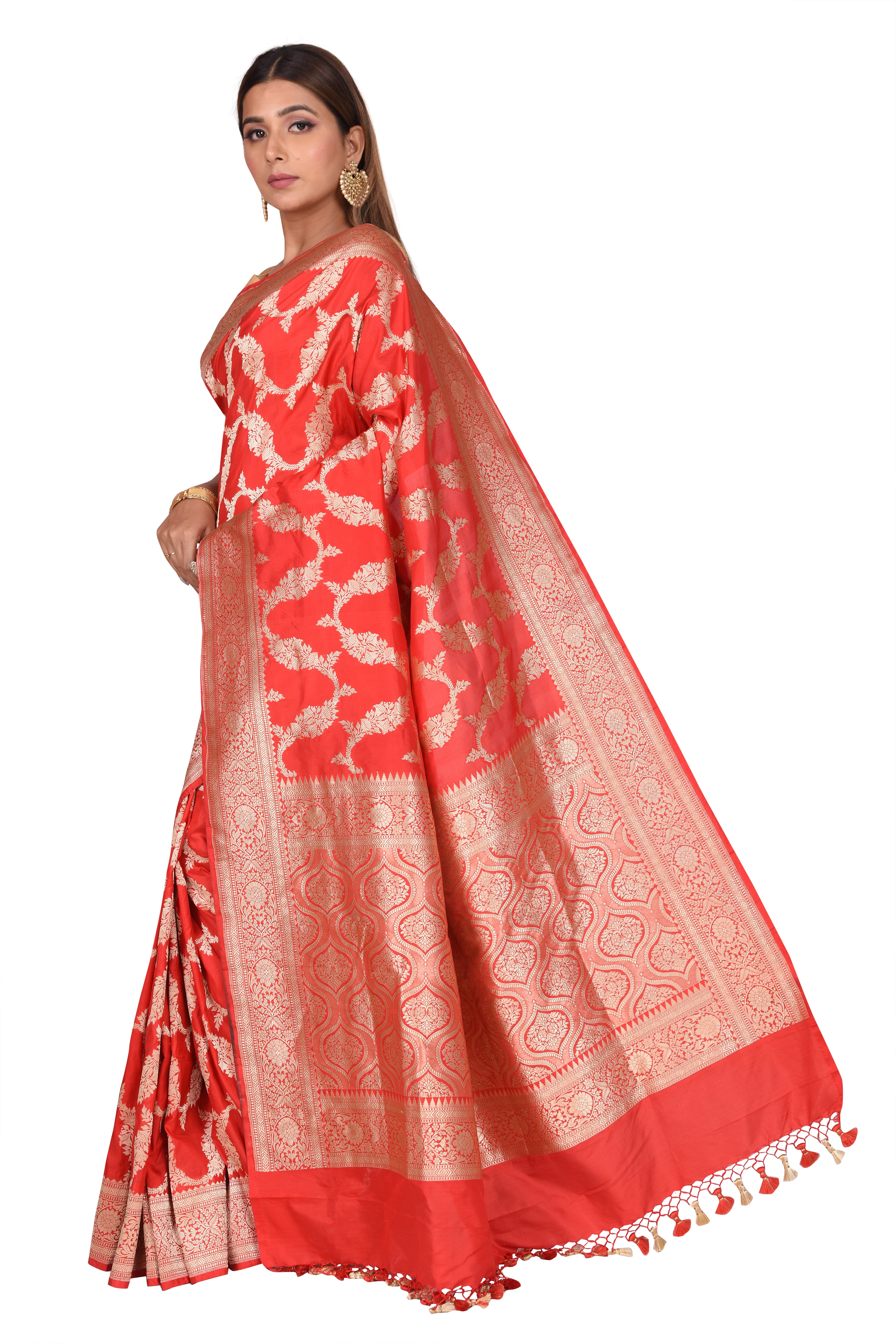 Bridal Floral Jaal Sindoor Red Banarasi Silk Saree