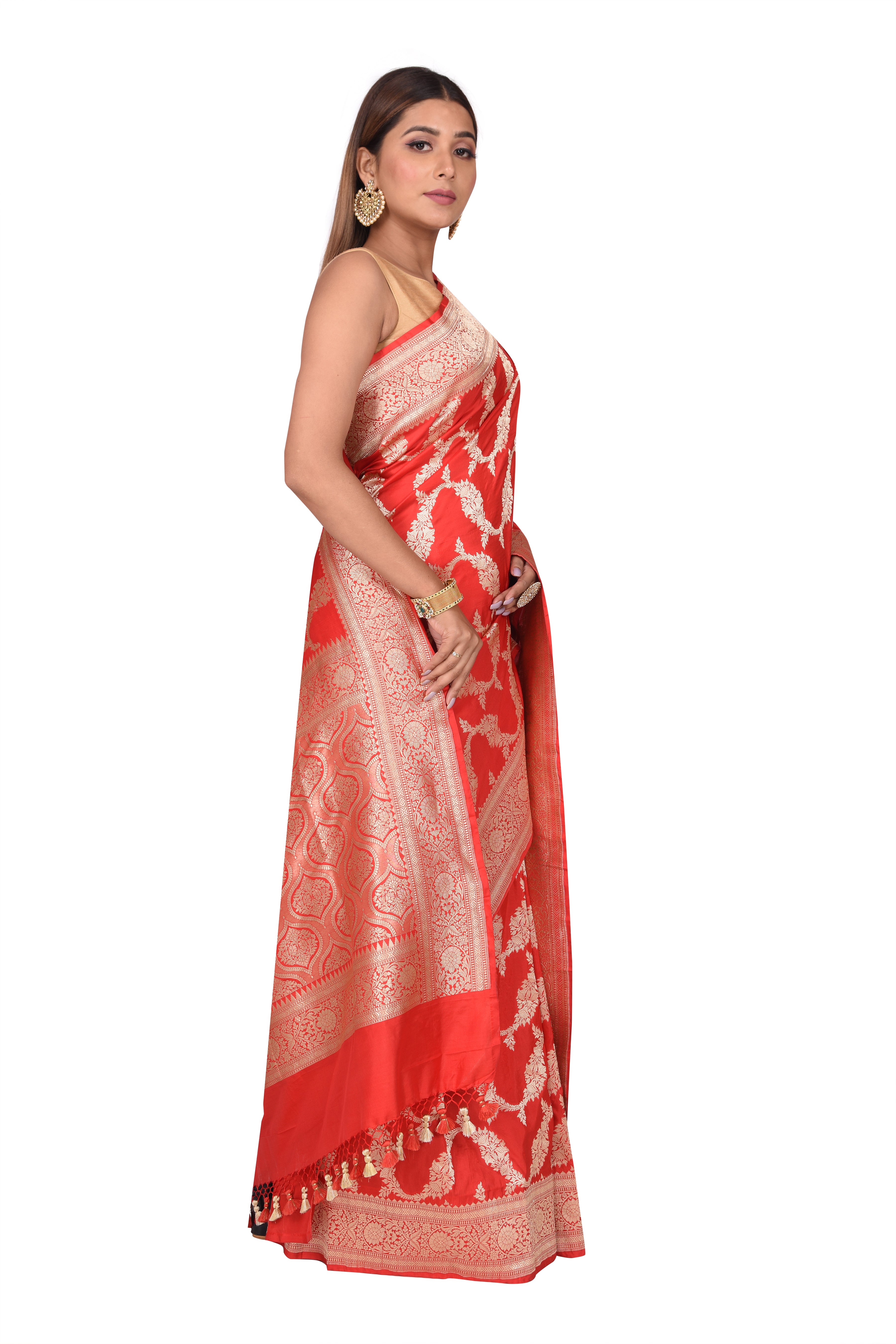 Bridal Floral Jaal Sindoor Red Banarasi Silk Saree