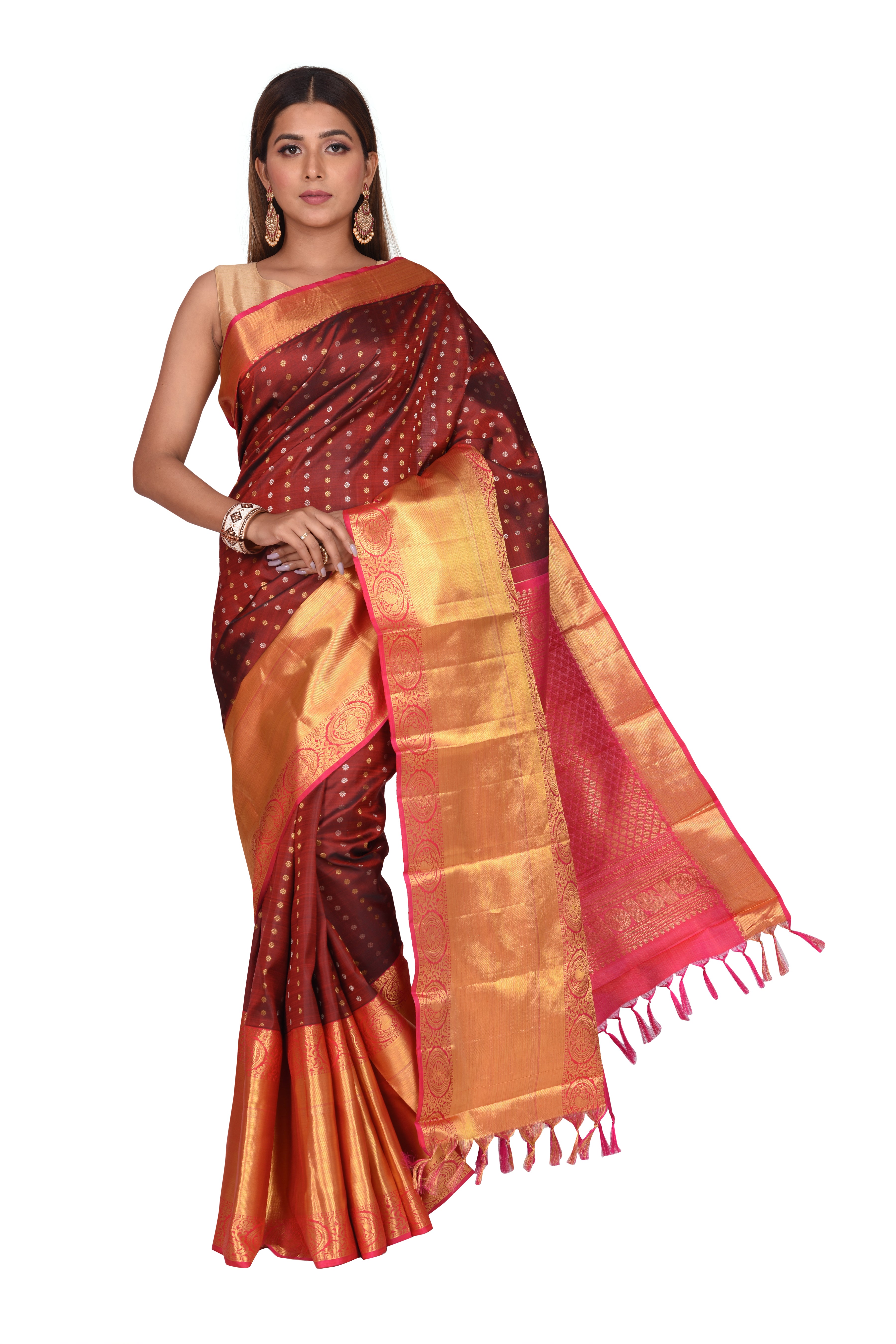 Bridal Brown and Pink Kanchipuram Silk Saree