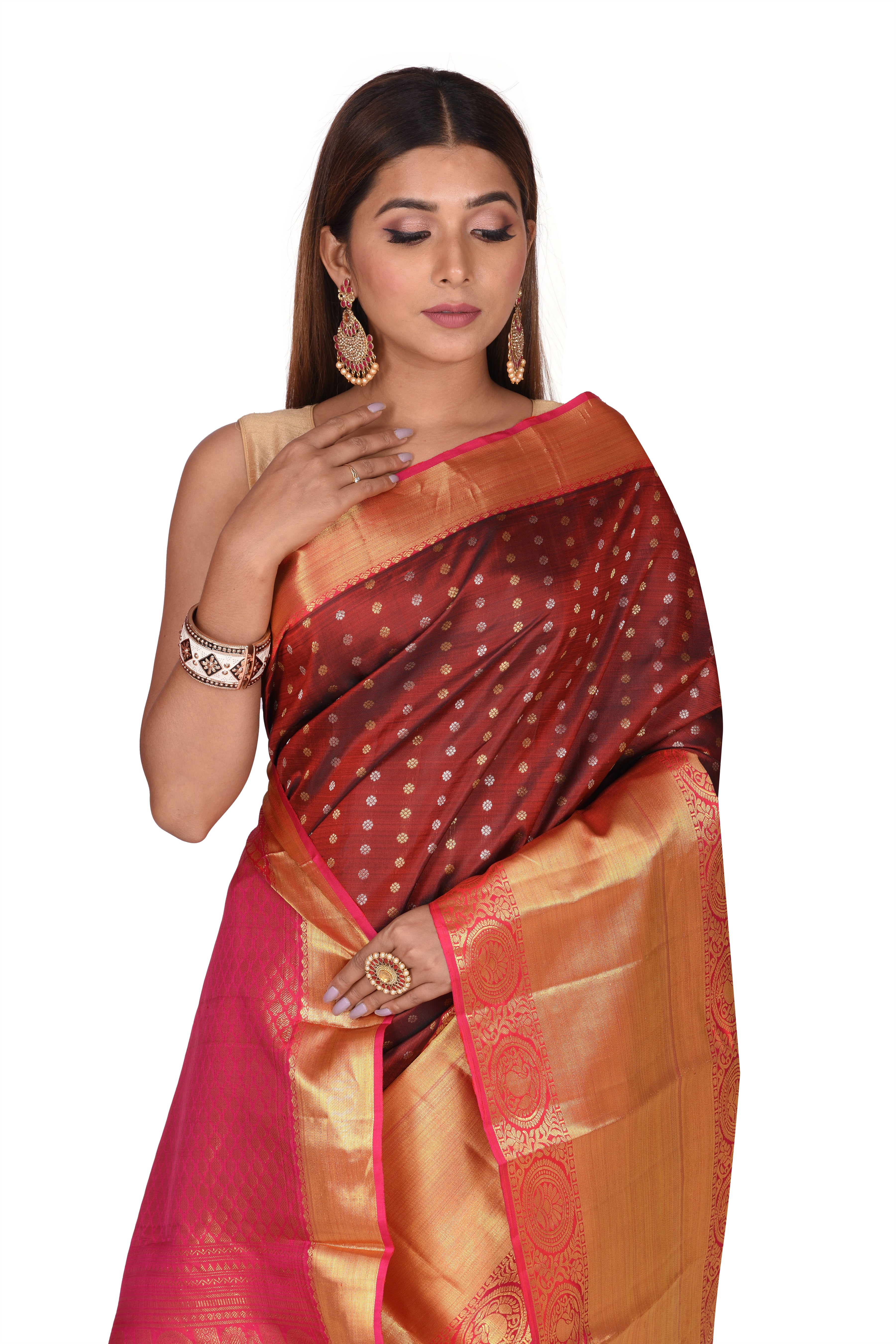 Bridal Brown and Pink Kanchipuram Silk Saree