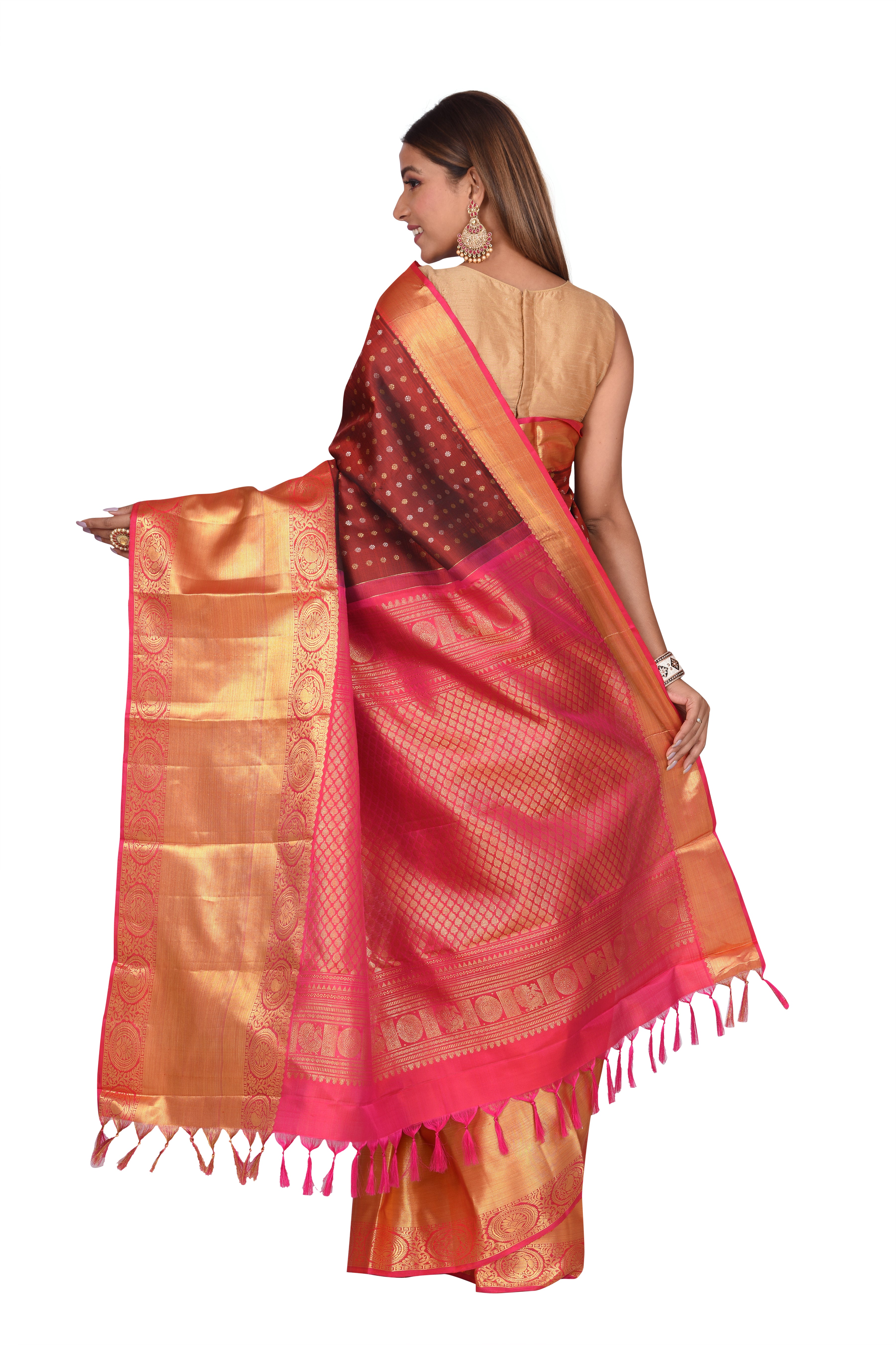 Bridal Brown and Pink Kanchipuram Silk Saree