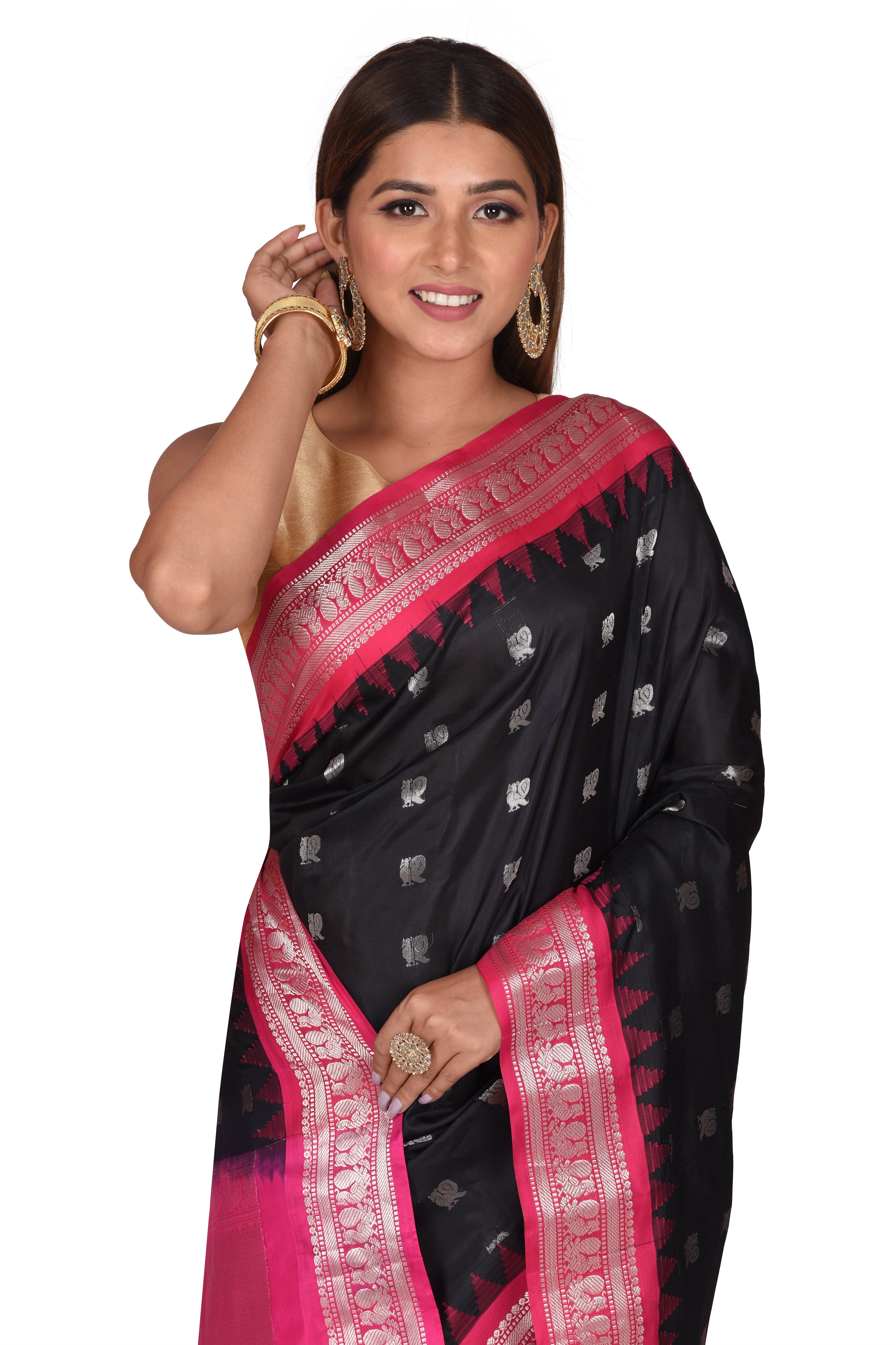 Cocktail Partywear Black and Pink Gadwal Silk Saree