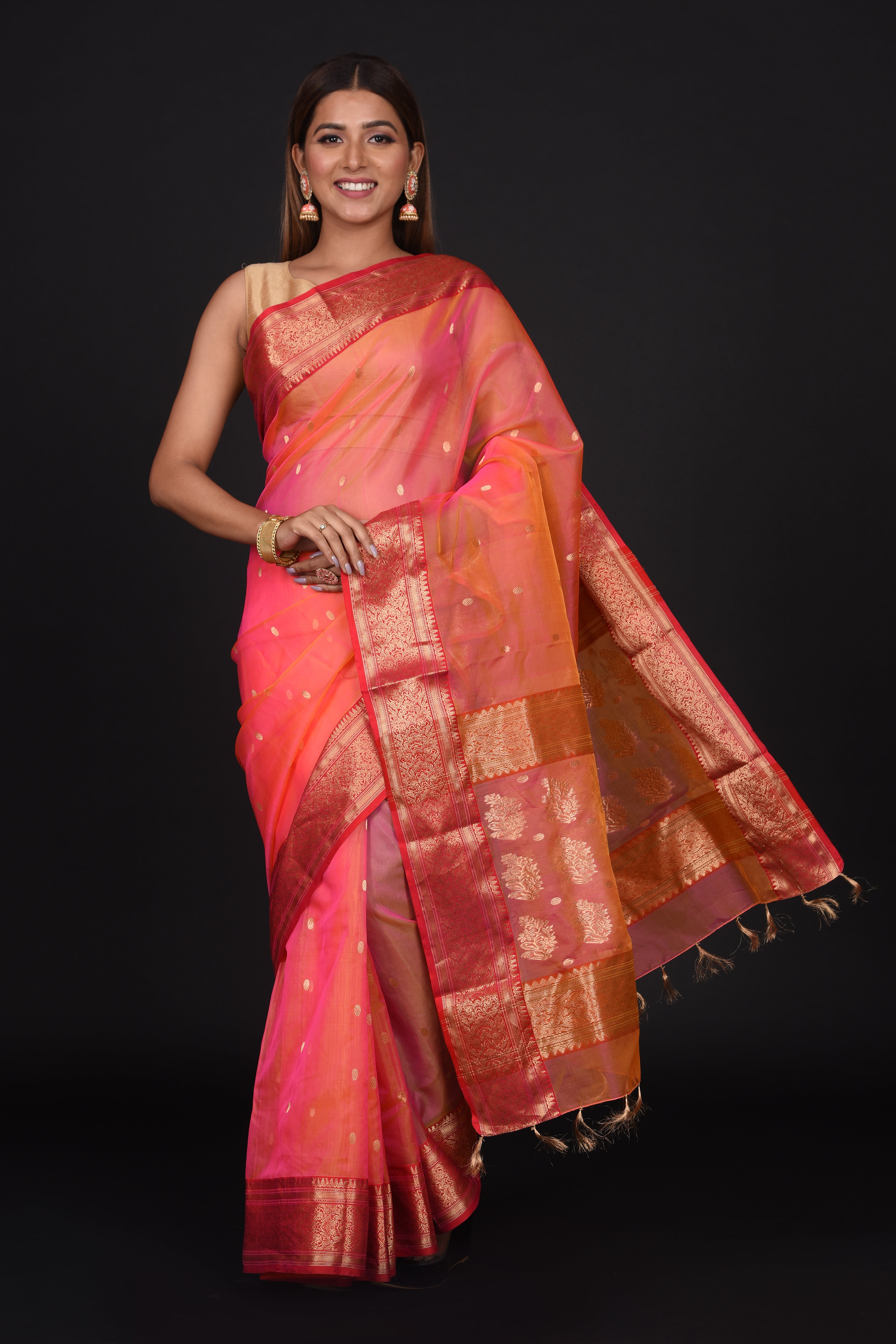 Pink Peach Organza Silk Saree