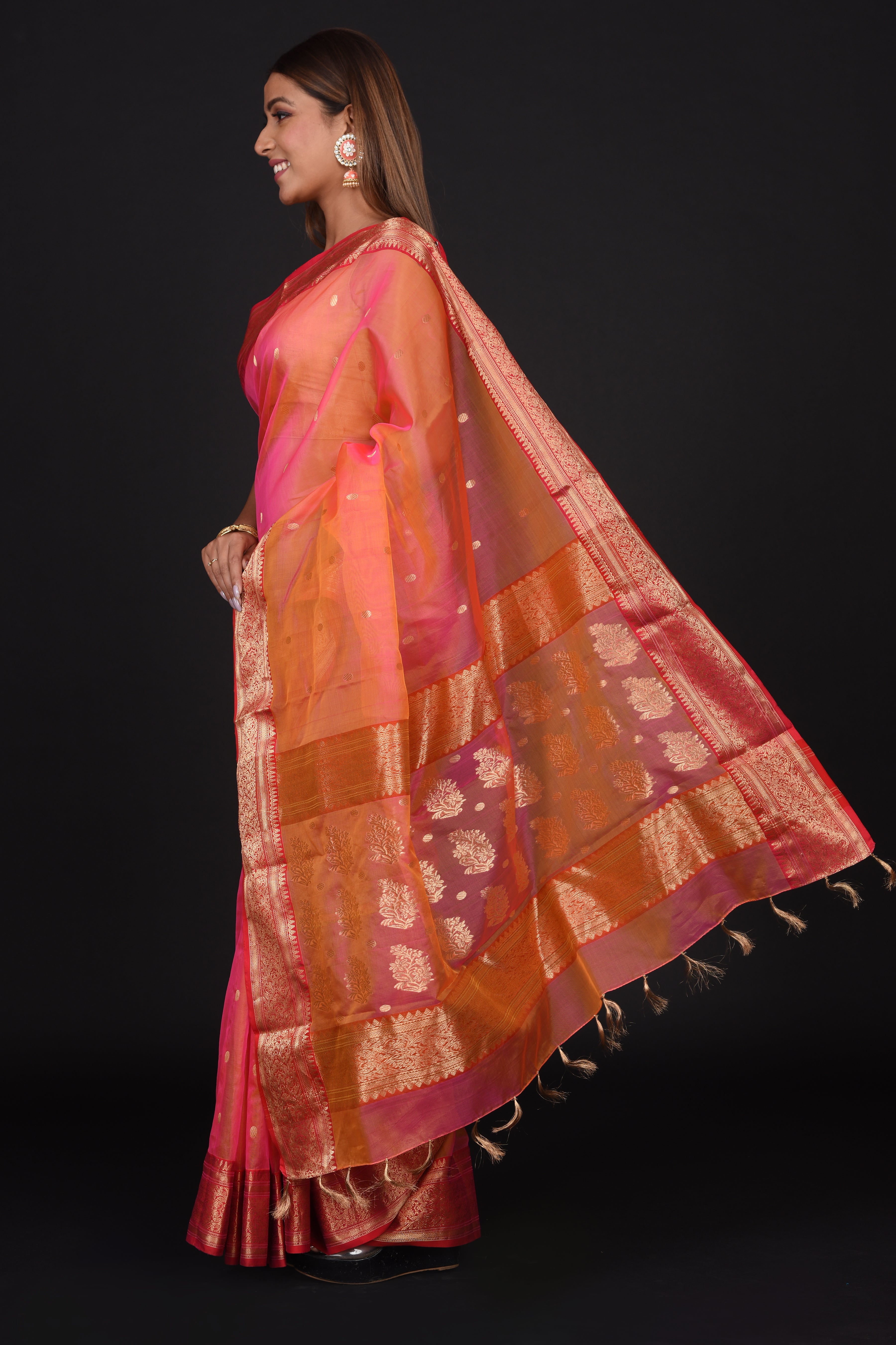 Pink Peach Organza Silk Saree