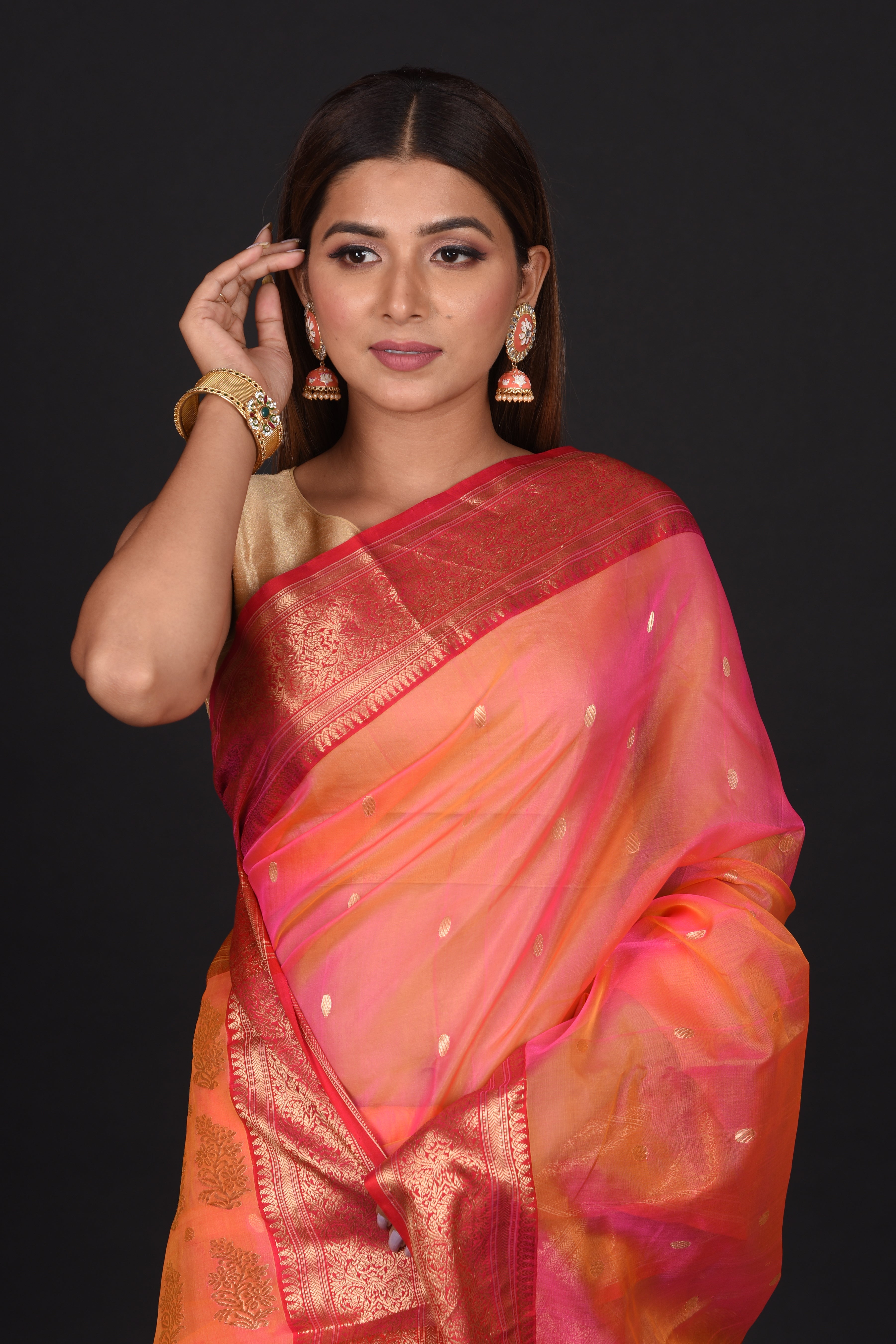 Pink Peach Organza Silk Saree