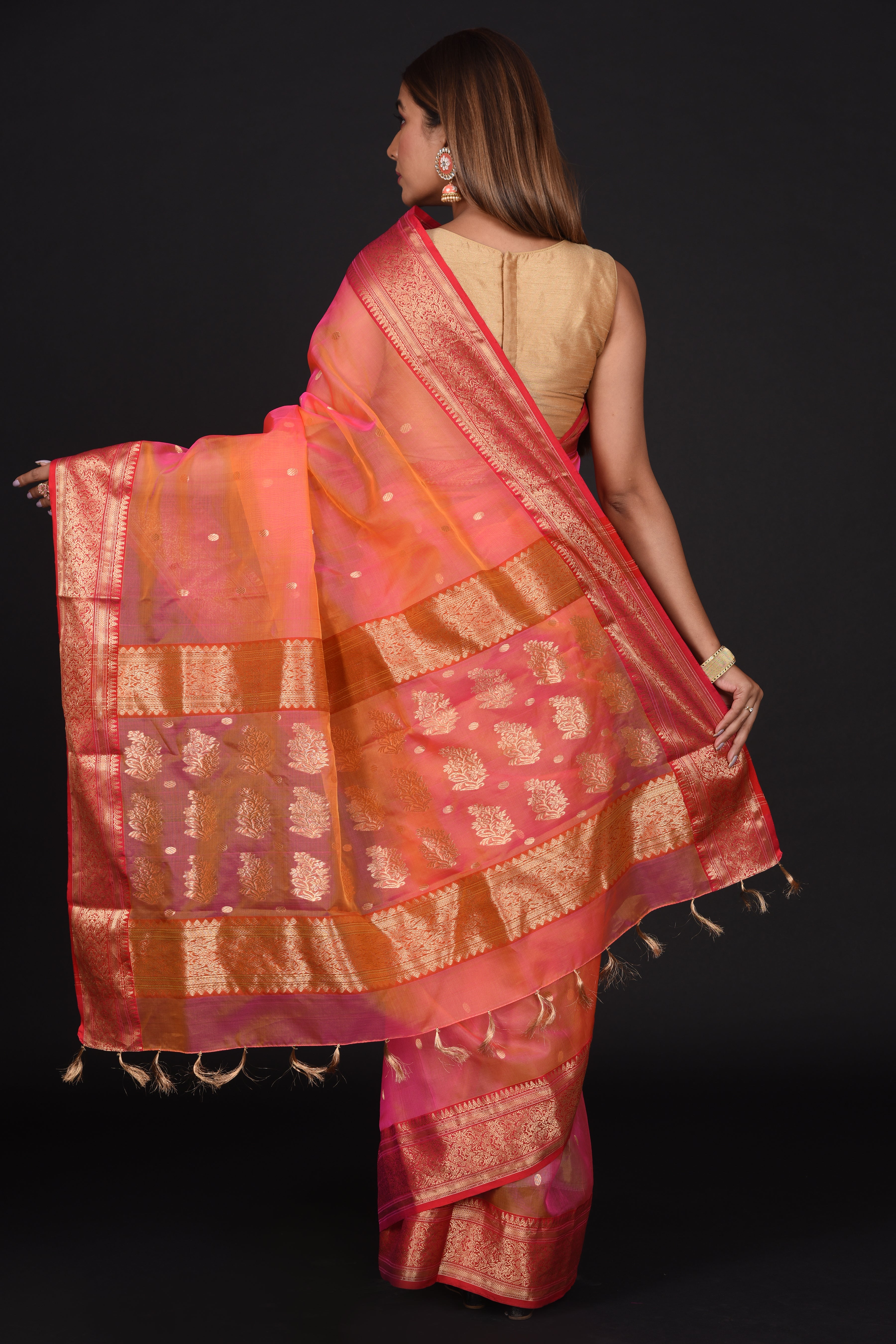 Pink Peach Organza Silk Saree