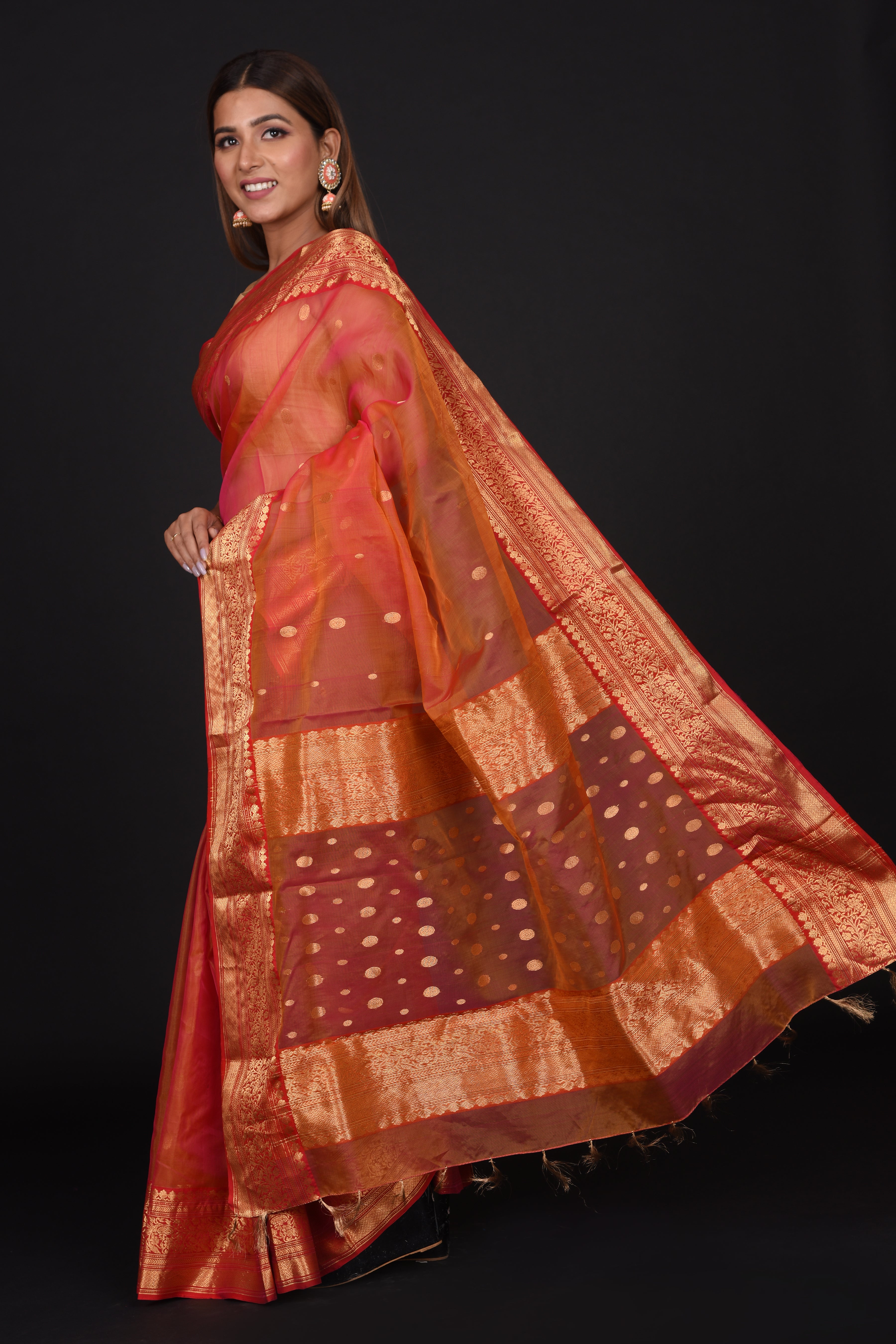 Burnt Orange Organza Silk Saree