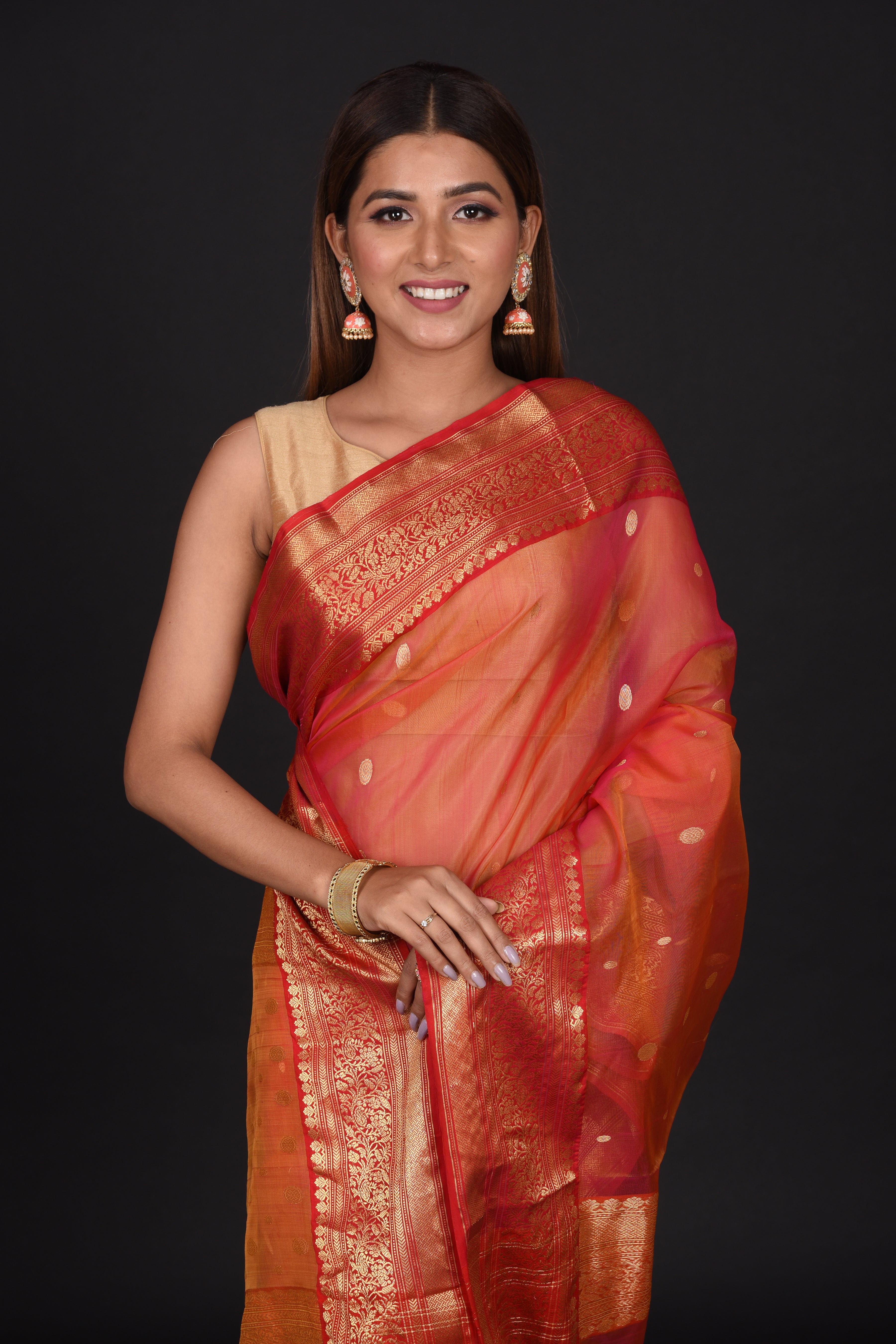 Burnt Orange Organza Silk Saree