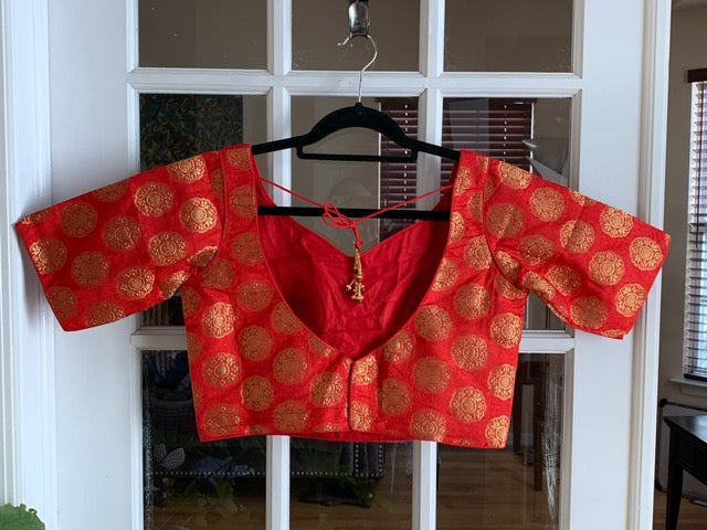 Red Banarasi Blouse with coin buttas