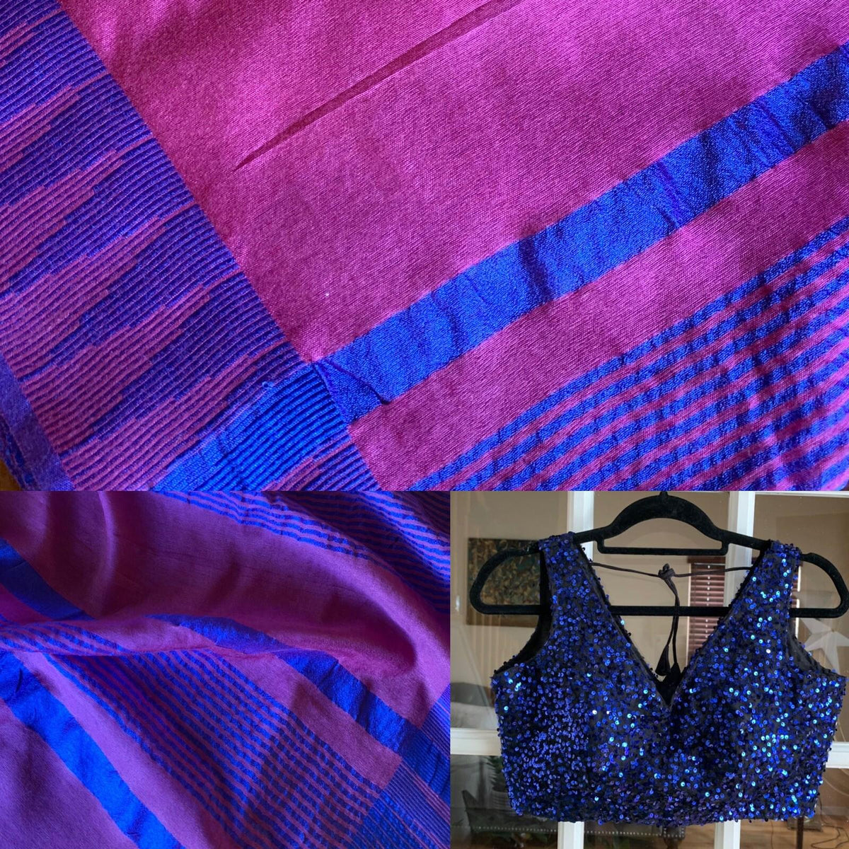 Magenta Rose and Blue Bhagalpur Saree with Blouse