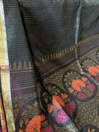 Black Zari Striped Handloom Cotton Silk Saree