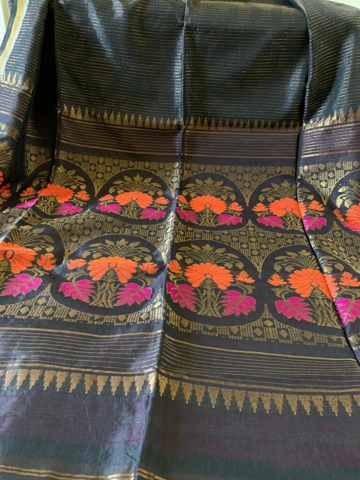 Black Zari Striped Handloom Cotton Silk Saree
