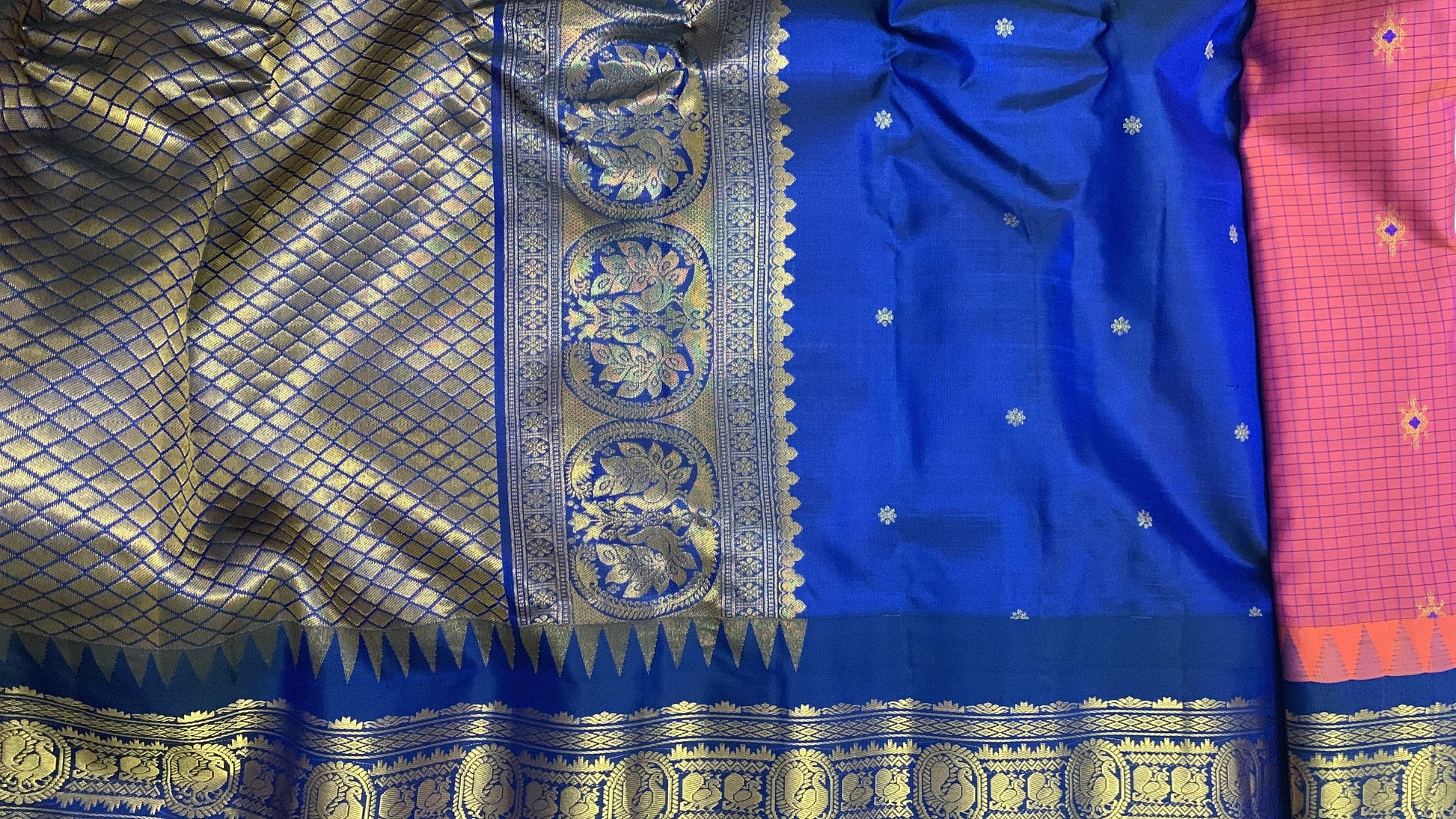 Deep Peach and Yellow Dual Tone Gadwal Silk Saree