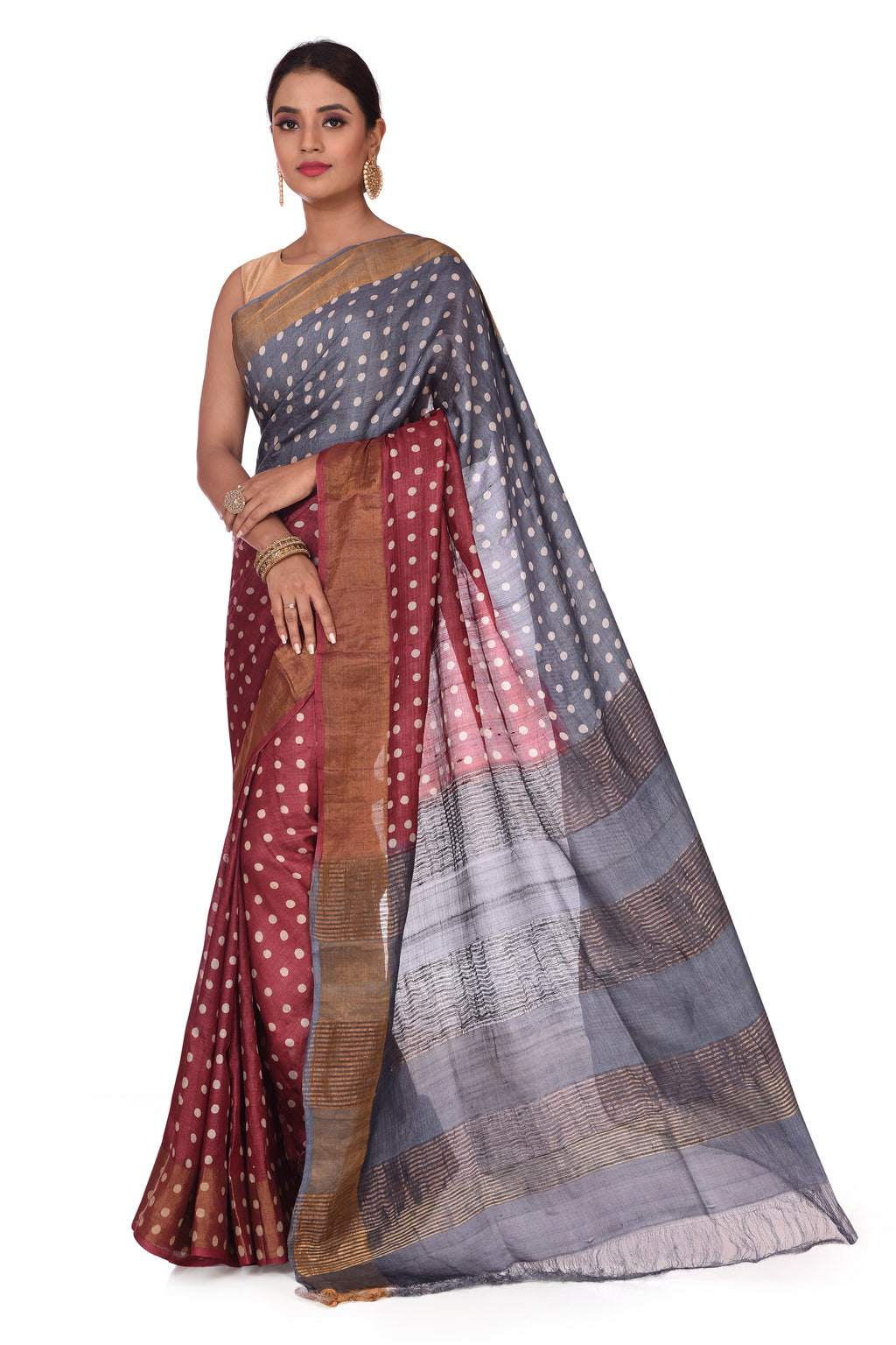 Printed Grey and Maroon Polka Dots Tussar Silk Saree