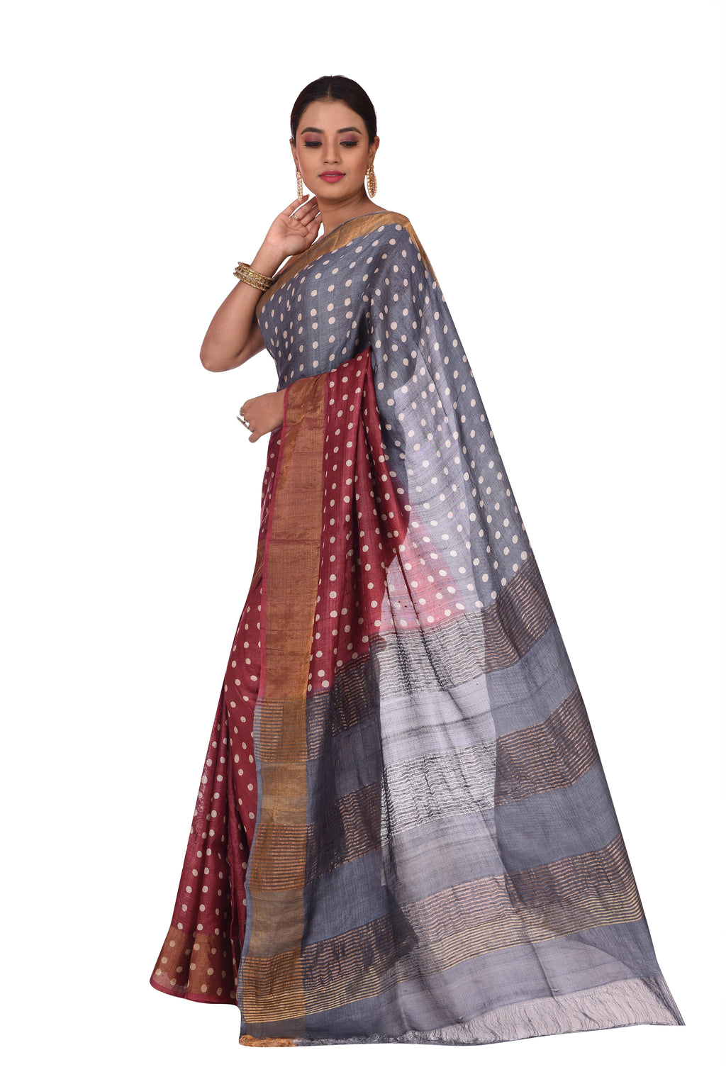 Printed Grey and Maroon Polka Dots Tussar Silk Saree