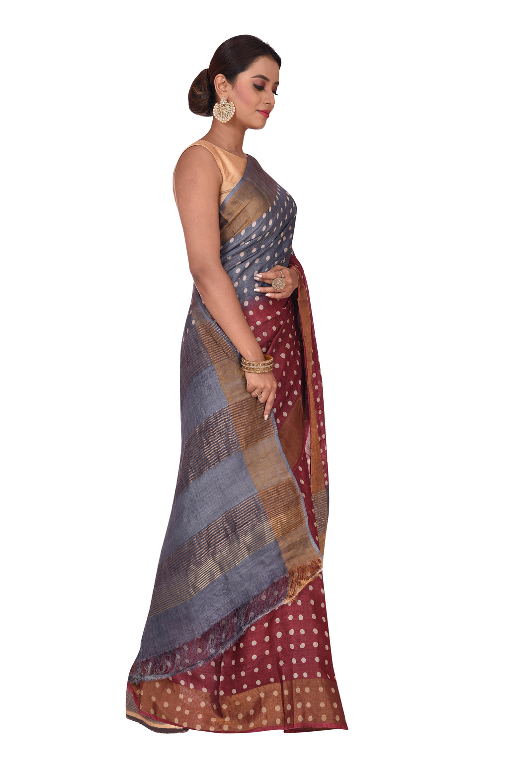 Printed Grey and Maroon Polka Dots Tussar Silk Saree